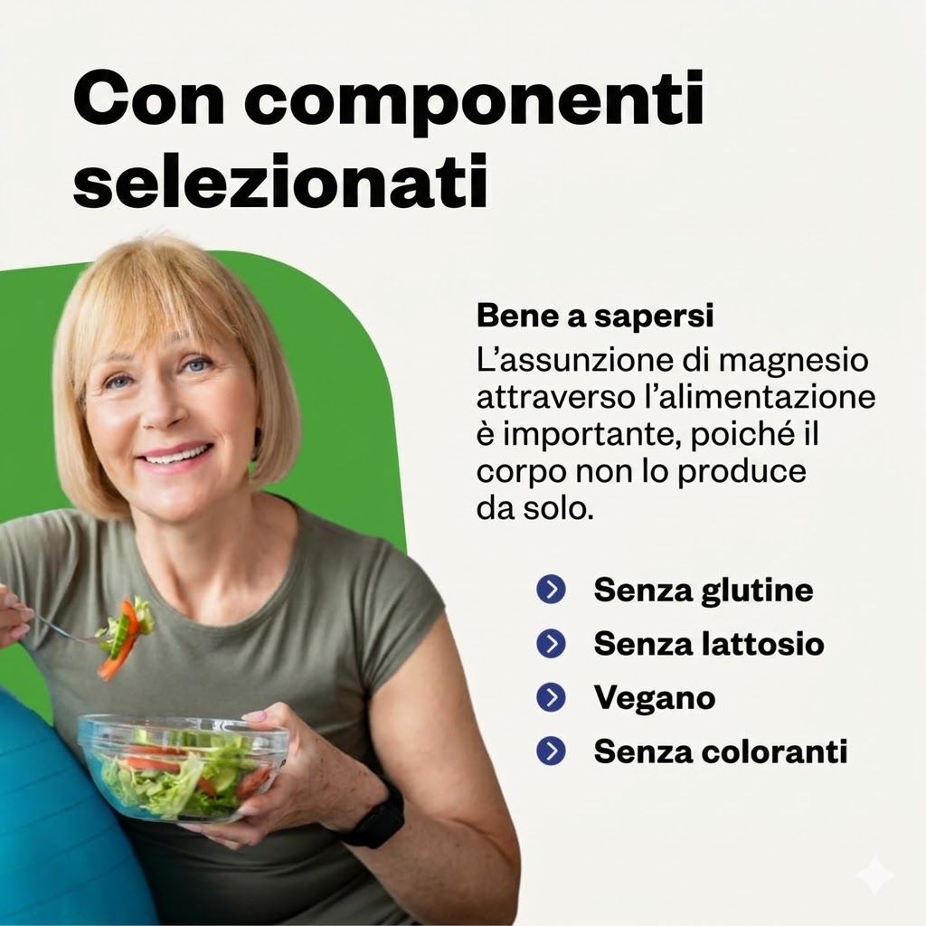Donna con insalata. Testo: Con componenti selezionati. Senza glutine, senza lattosio, vegano, senza coloranti.
