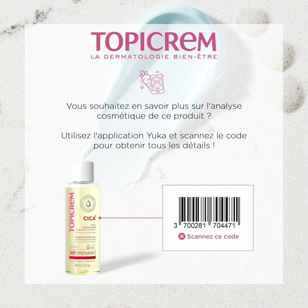 Flacone Topicrem Cica e codice a barre. Testo: Scansiona questo codice. App Yuka.