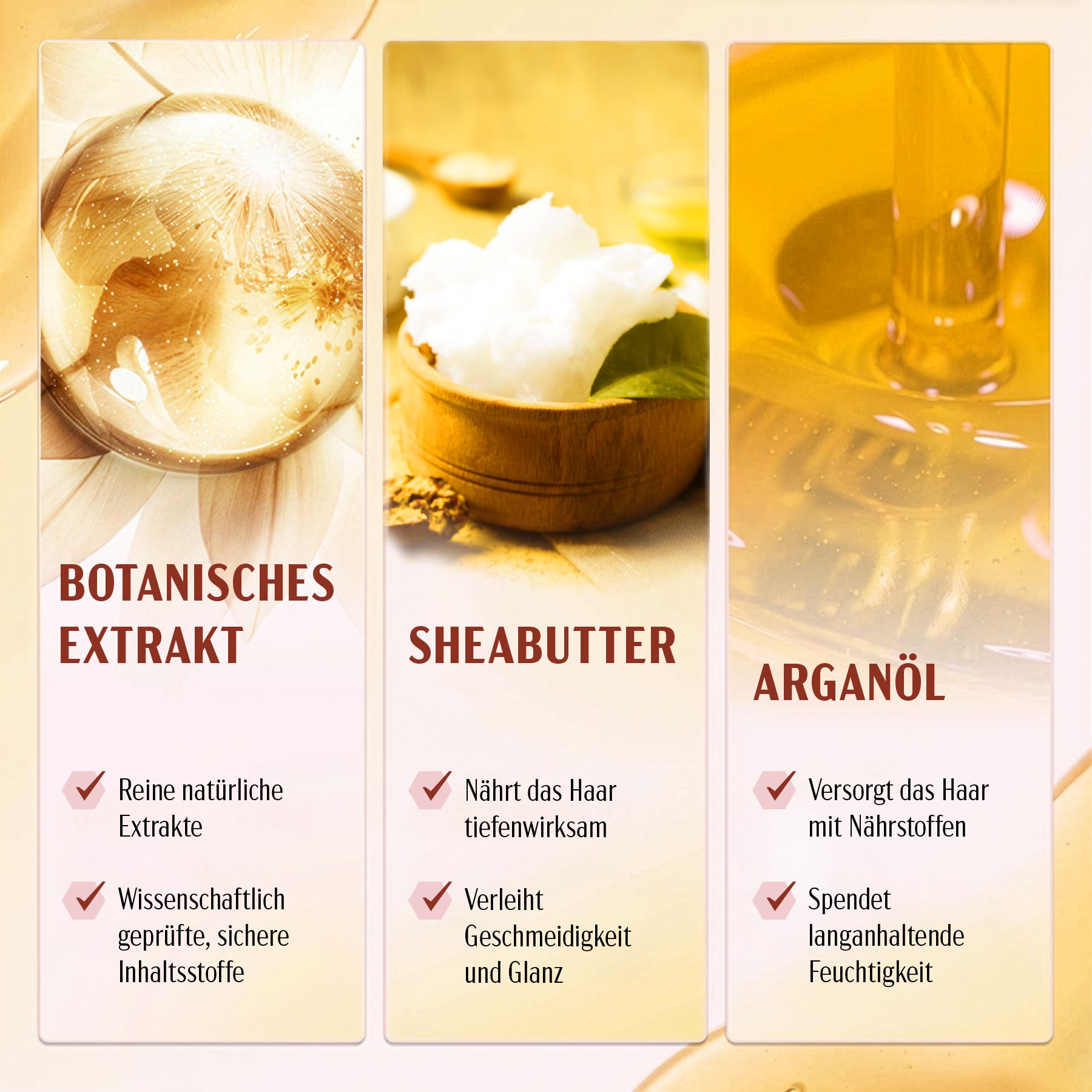 Olio per capelli Karseell. Tre immagini con ingredienti: Estratto botanico, Burro di karité, Olio di argan. Testo.