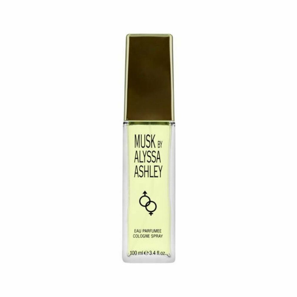 Spray Cologne Musk by Alyssa Ashley. Flacone rettangolare con tappo dorato. Scritta in nero. Logo con due simboli.