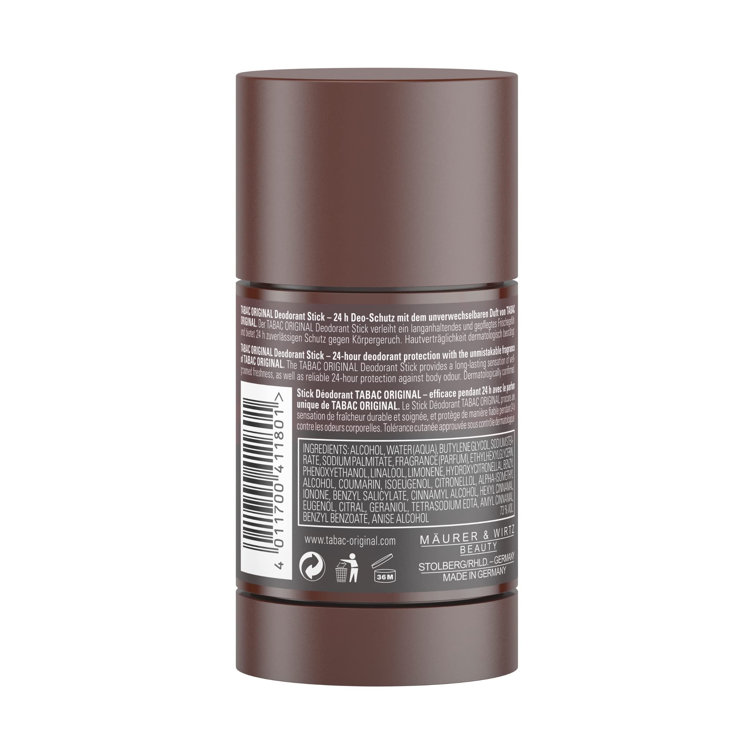 Retro dello stick deodorante. Testo: Ingredienti, protezione 24h. Logo: TABAC ORIGINAL.