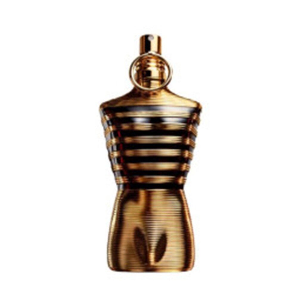 Flacone dorato a forma di torso. Strisce nere. Testa vaporizzatore dorata con anello.