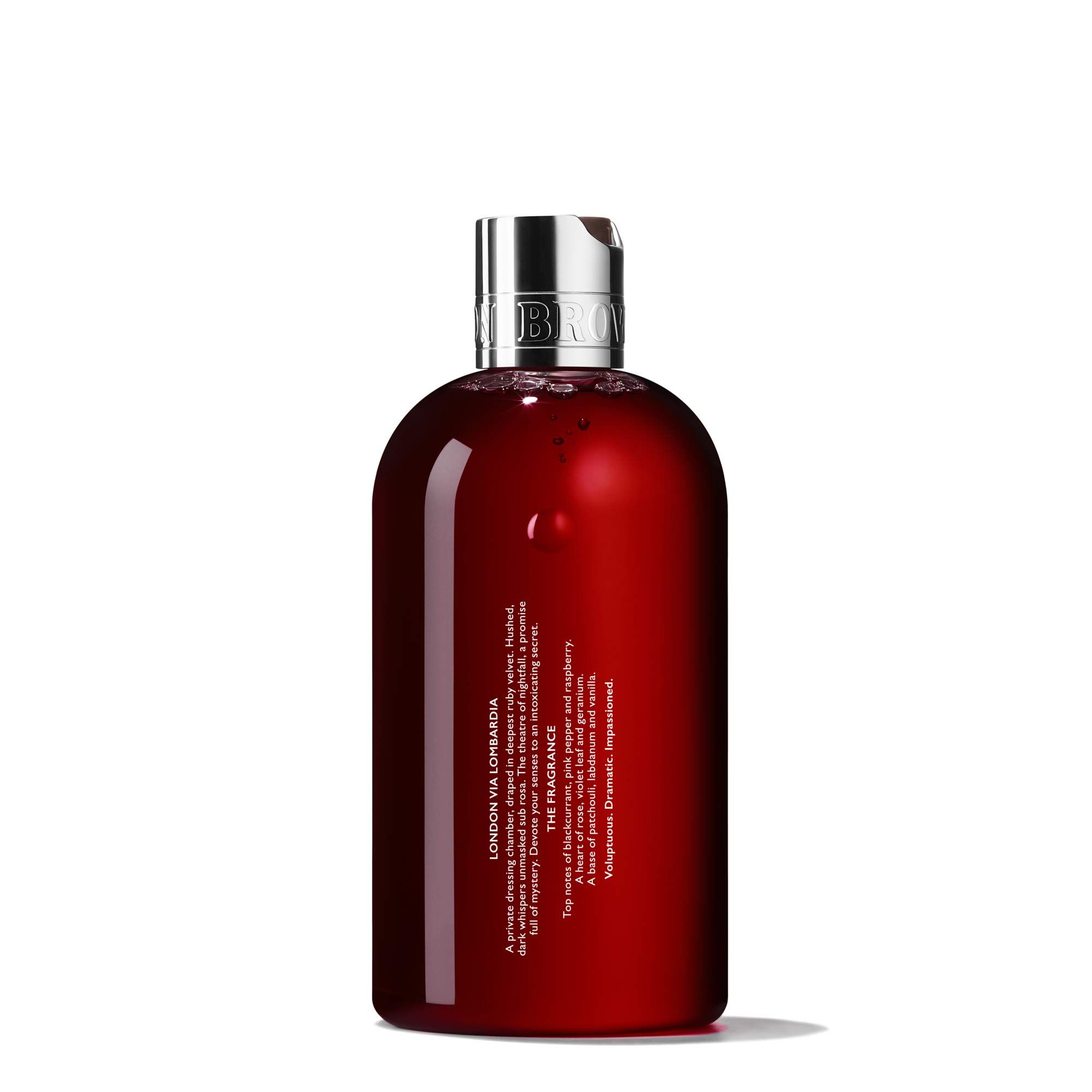 Flacone rosso con dosatore argentato. Scritta: Molton Brown London. Testo: London via Lombardia.