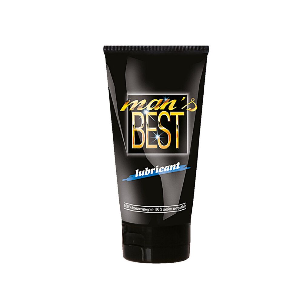 Tubo nero con scritta dorata "man's BEST lubricant". In basso, "100% compatibile con preservativi".