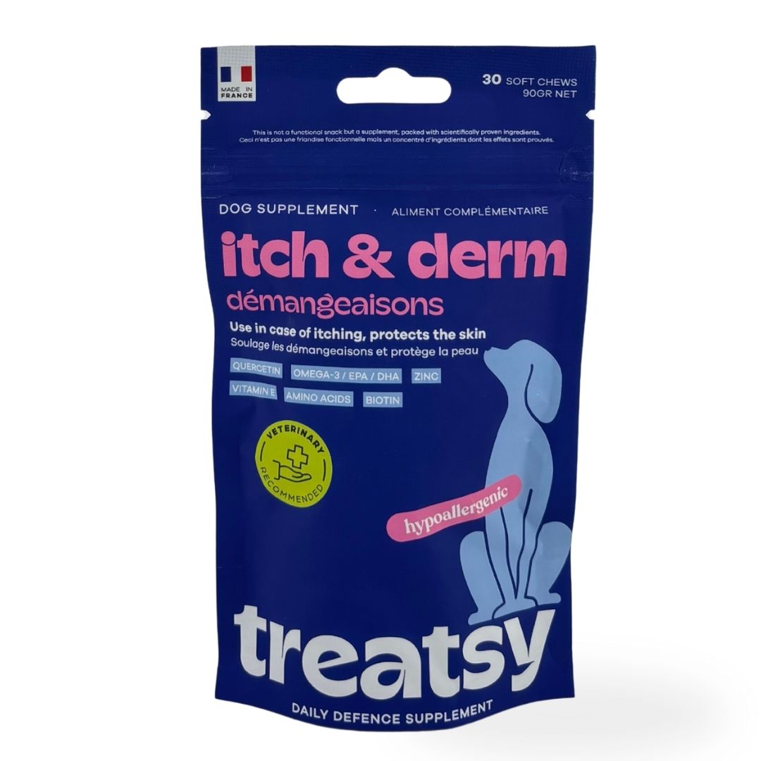 Busta blu "itch & derm" e "Treatsy". Contiene 30 soft chews. Con bandiera.