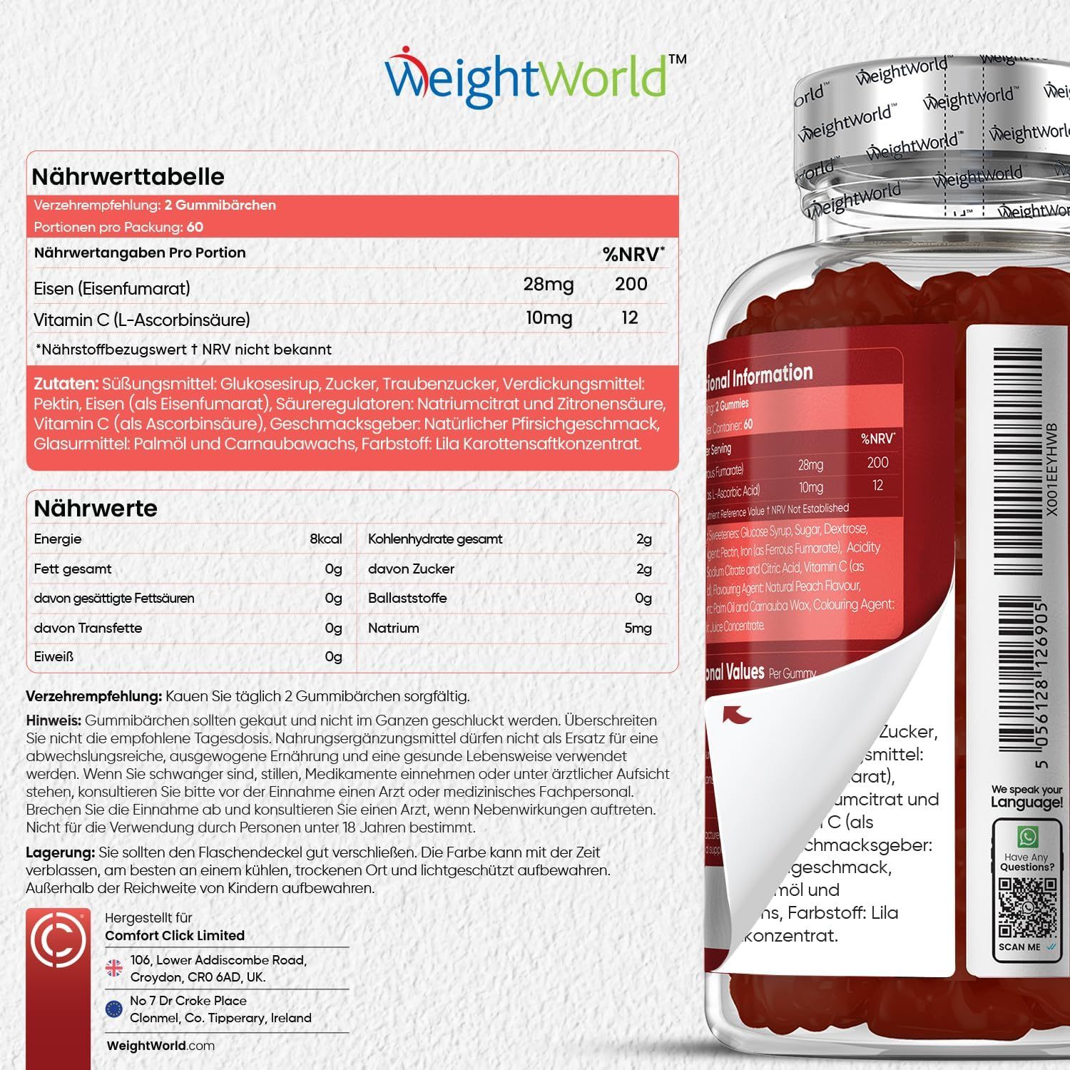 Tabella nutrizionale delle gommose WeightWorld Ferro & Vitamina C. Ingredienti, valori nutrizionali, raccomandazioni.