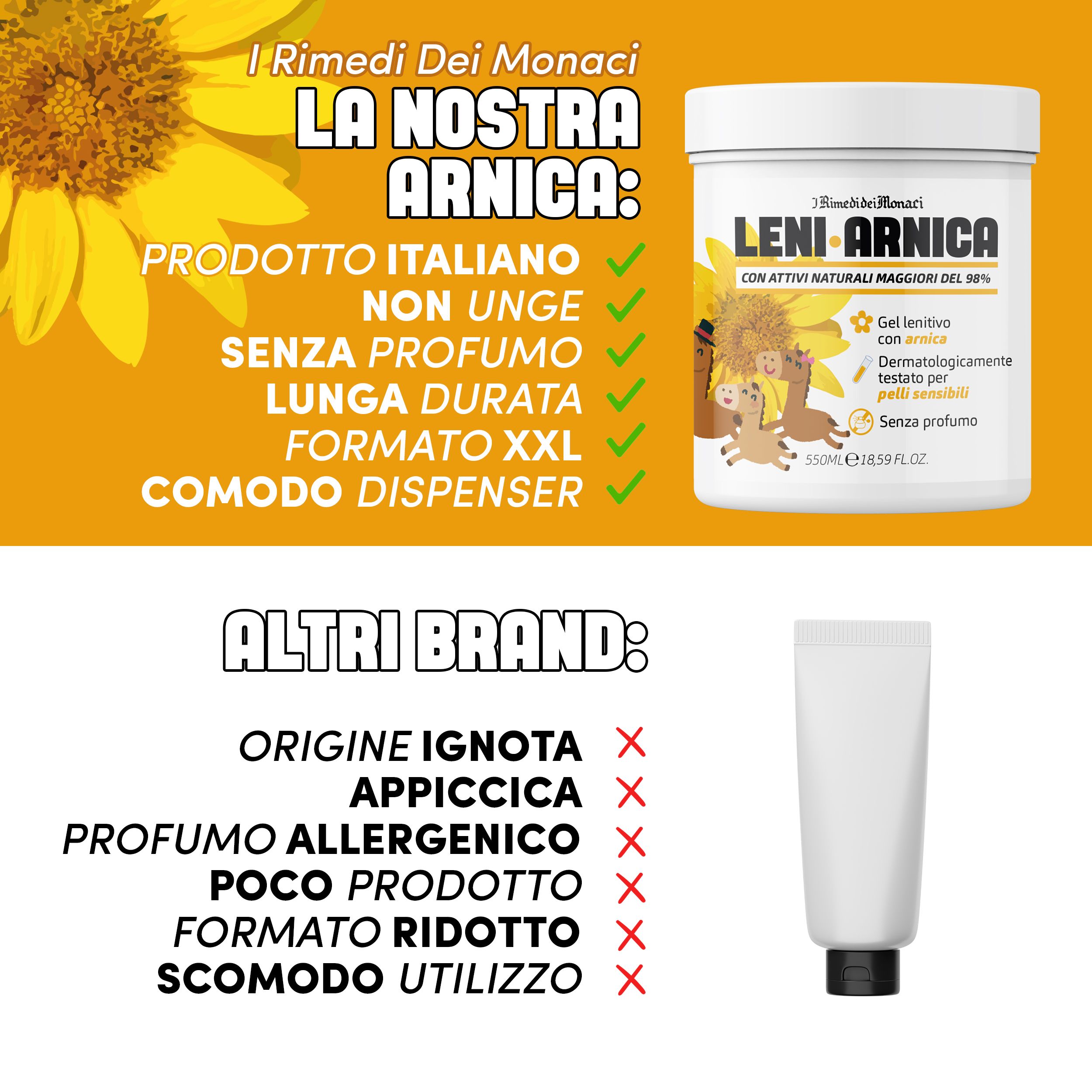 Vaso bianco con testo. Gel Arnica Lenitivo, dermatologicamente testato, senza profumo. Con girasoli e logo.