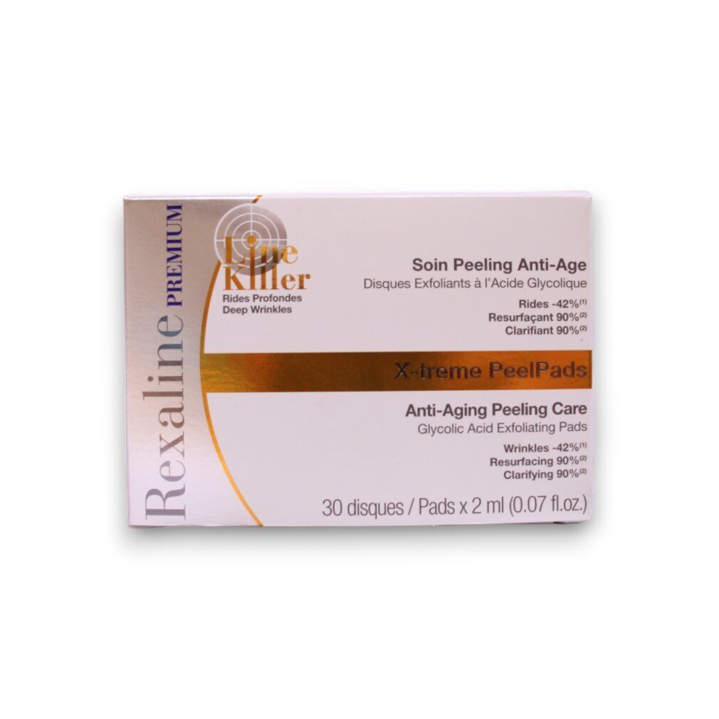 Scatola con scritta: Rexaline PREMIUM, X-treme PeelPads, Anti-Aging Peeling Care, 30 pads x 2 ml.