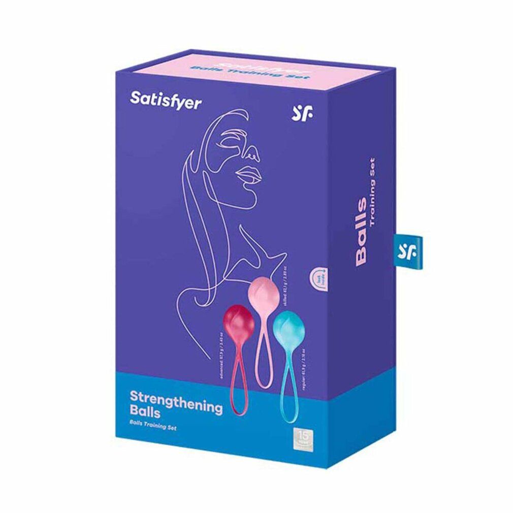 Scatola blu con immagine del prodotto. Scritta: Satisfyer, Strengthening Balls, Balls Training Set. Tre sfere colorate con manici.
