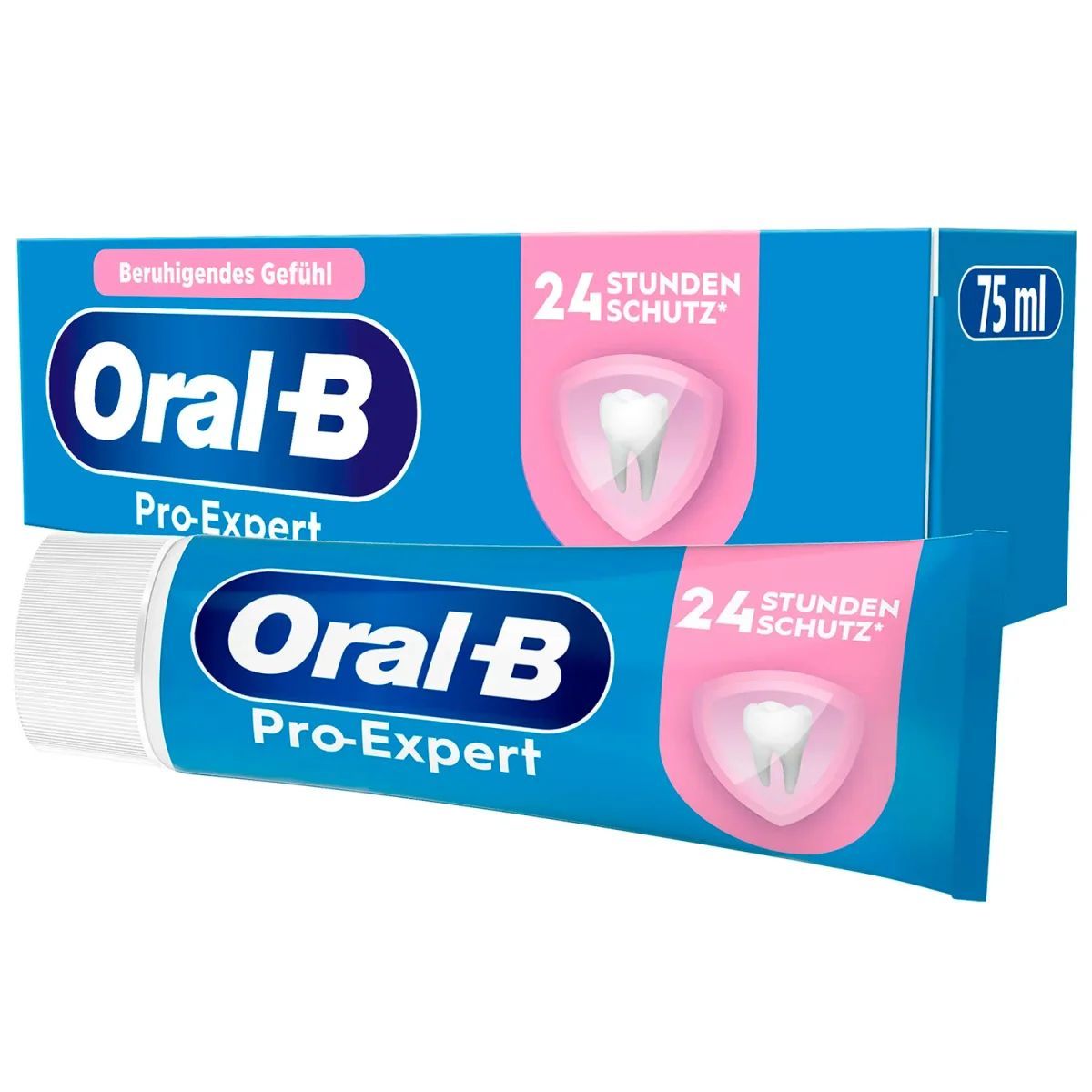 Tubo e scatola di dentifricio Oral-B Pro-Expert. Blu, bianco. Testo: Protezione 24 ore, sensazione lenitiva, 75 ml.