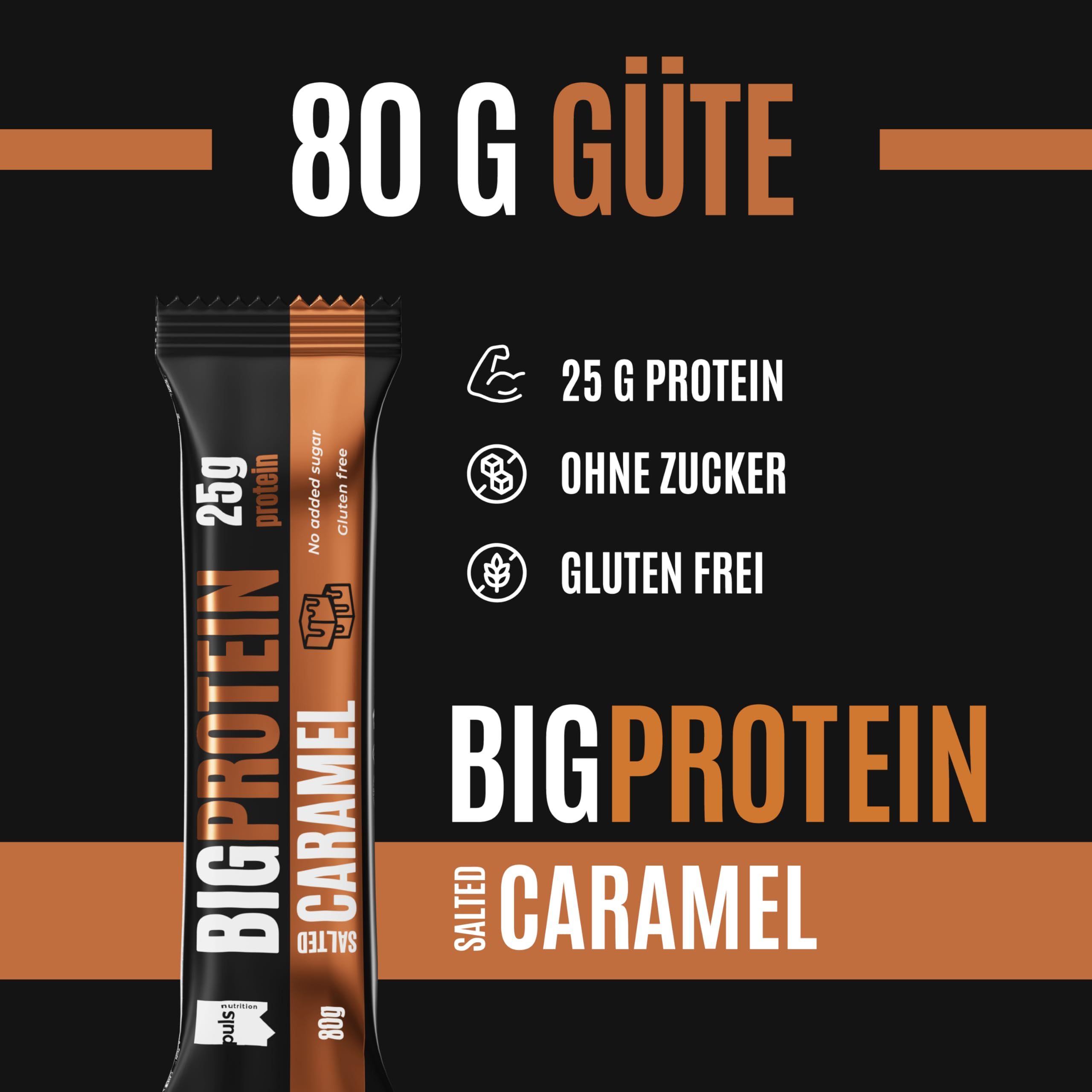 Barretta Puls Nutrition Big Protein, Salted Caramel, 80g. 25g di proteine, senza zuccheri, senza glutine.