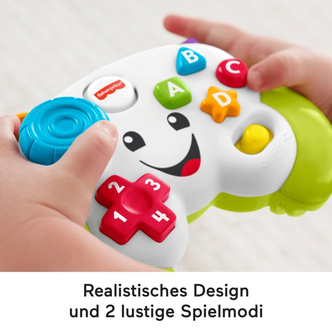 Controller di gioco per bambini. Multicolore con pulsanti e logo Fisher-Price.