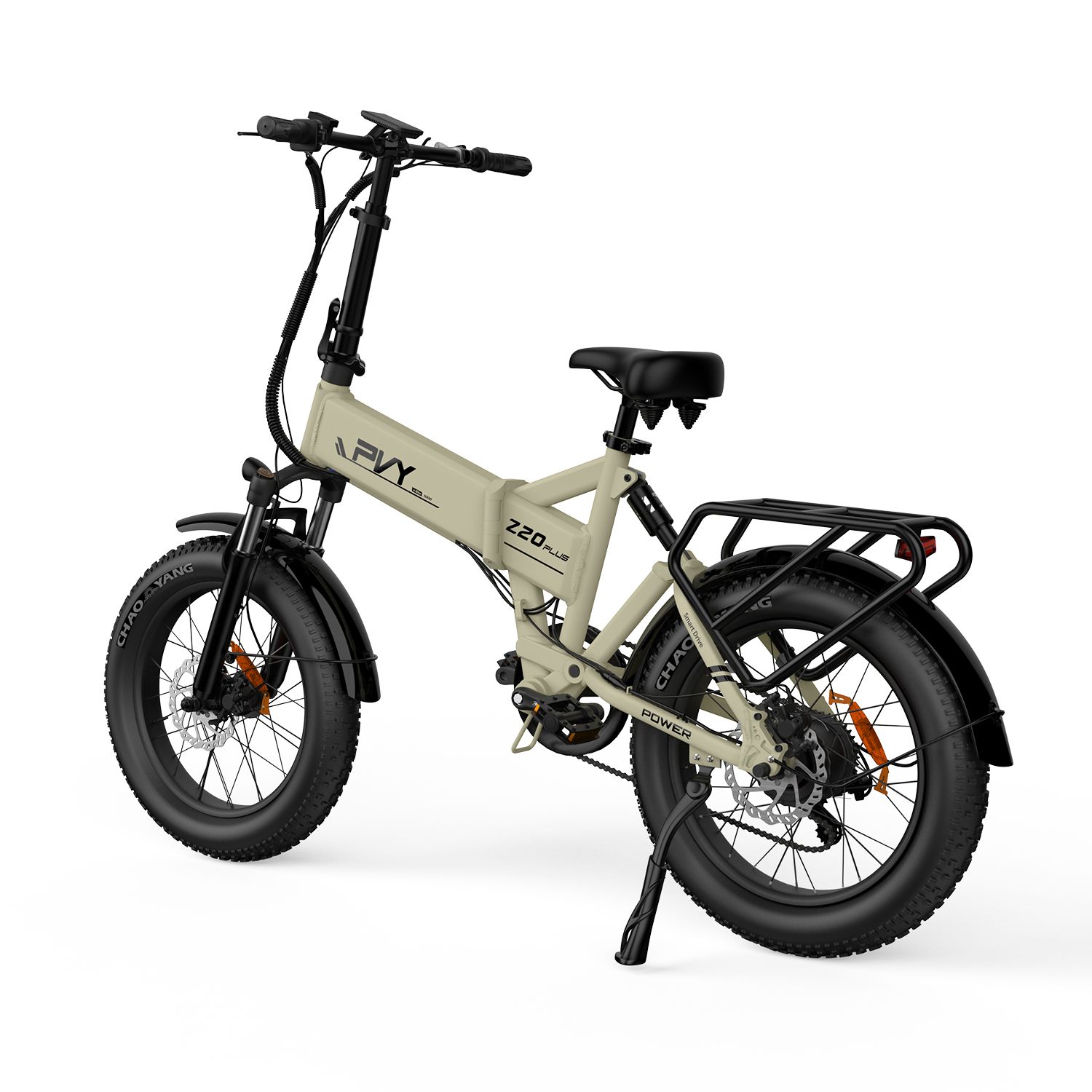 E-bike beige con pneumatici neri e portapacchi. PVY Z20 Plus è visibile sul telaio.