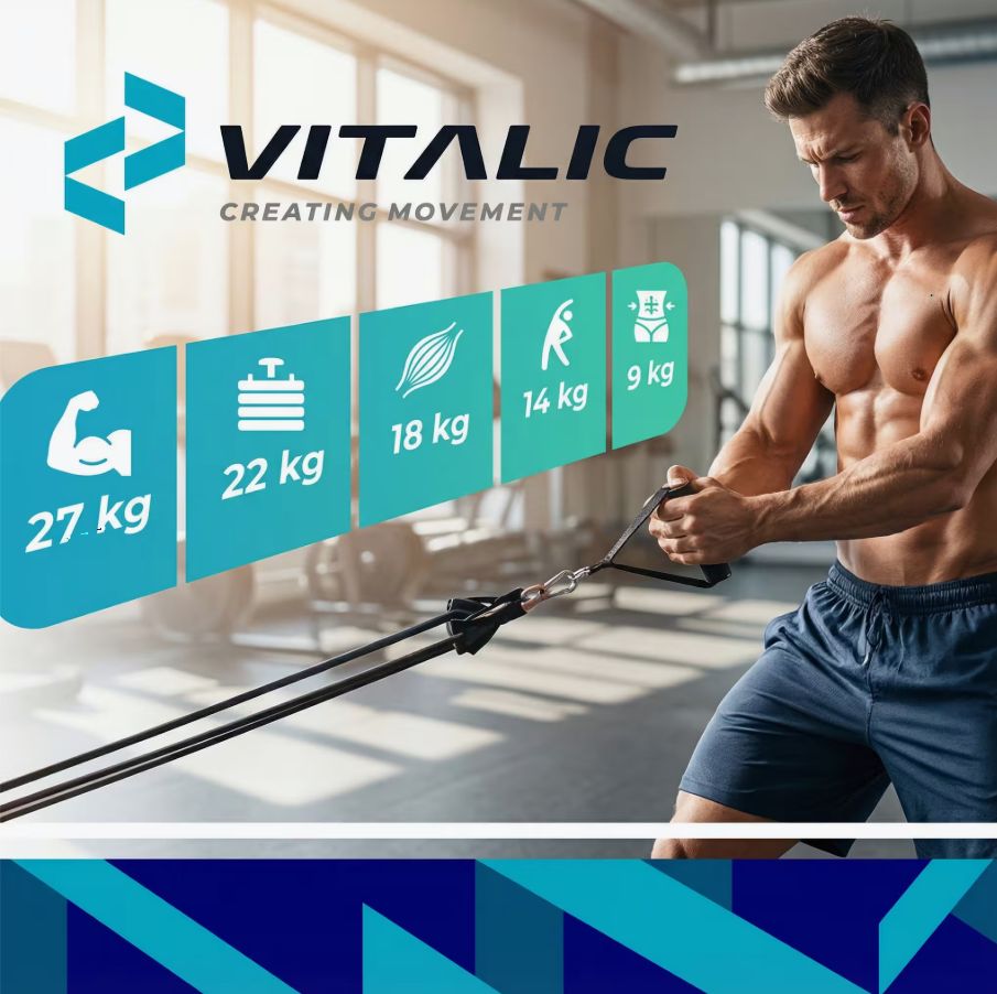 Fasce di resistenza con maniglie. Uomo che si allena in palestra. Scritte: 27 kg, 22 kg, 18 kg, 14 kg, 9 kg. Logo VITALIC.