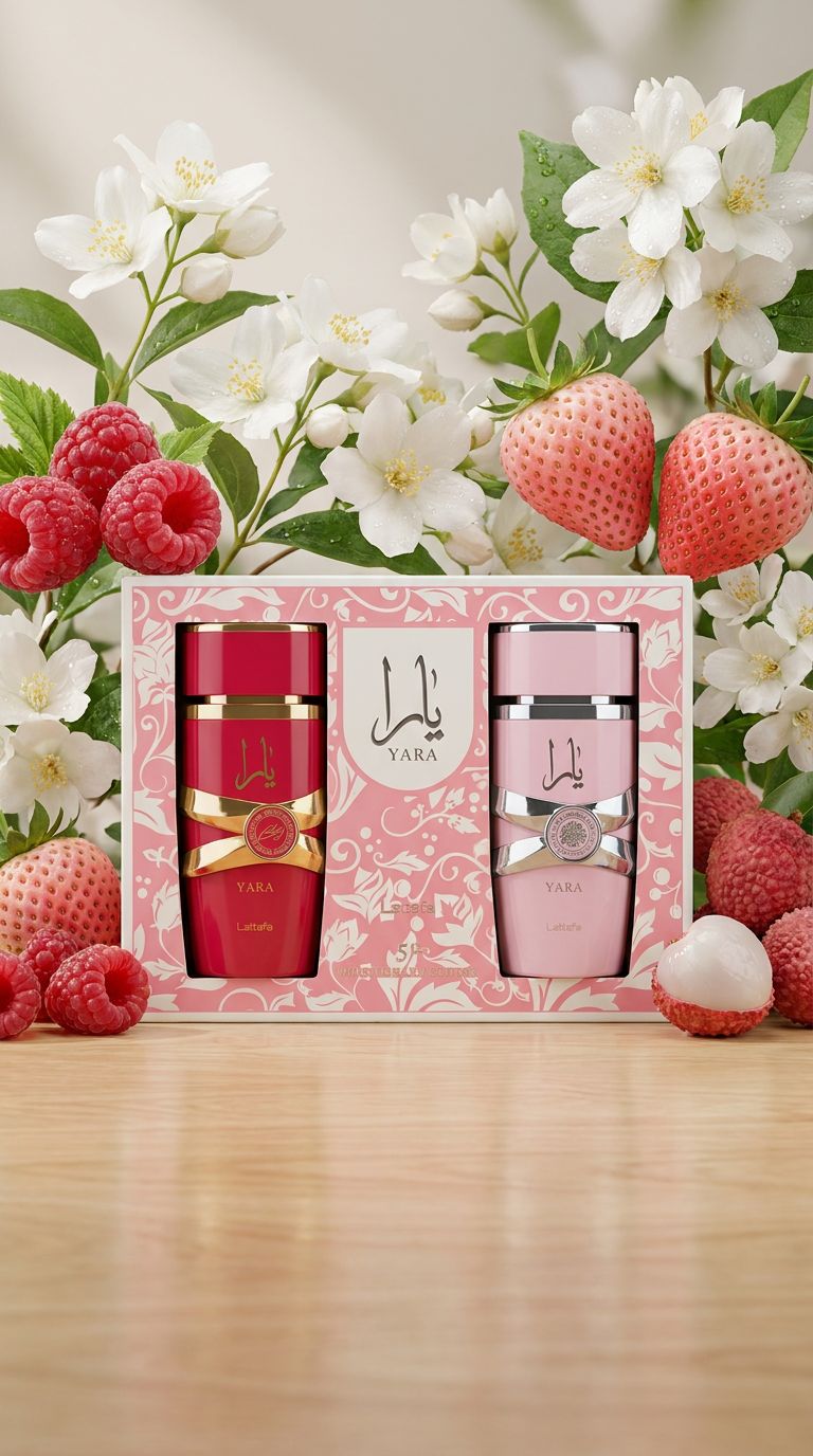 Due flaconi di profumo Yara, uno rosso e uno rosa, in una confezione regalo, circondati da bacche e fiori.