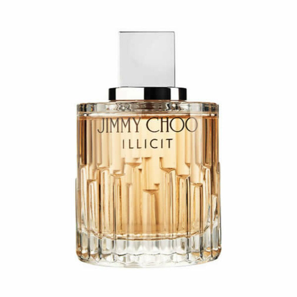 Flacone di profumo con tappo argentato. Scritta: JIMMY CHOO ILLICIT. Flacone in vetro trasparente con superficie scanalata.