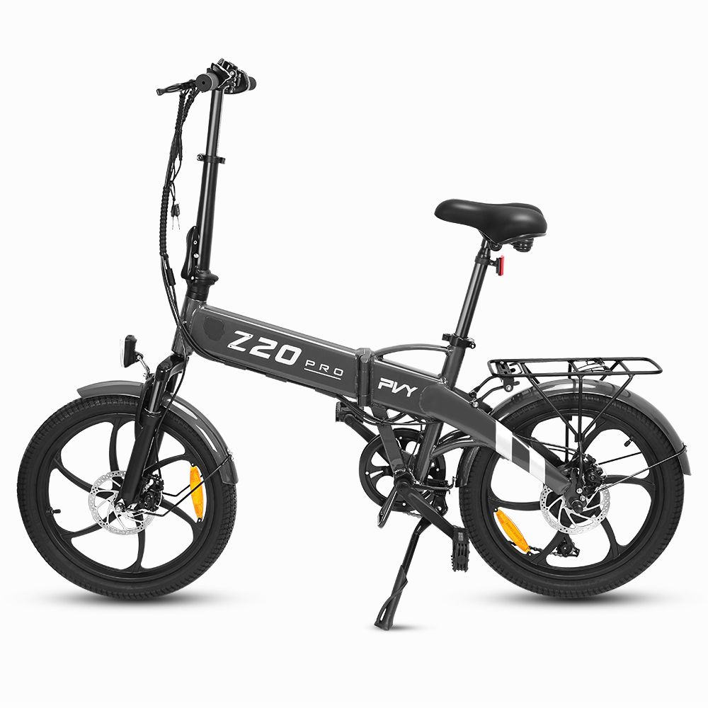 E-bike pieghevole PVY Z20 Pro nero, con striscia bianca sulla ruota posteriore. Shimano 6 velocità.