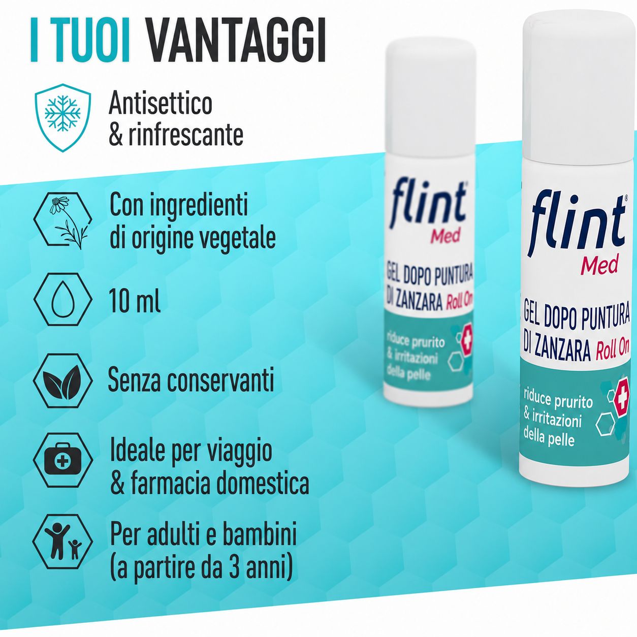 Due flint Med Gel Dopo Puntura Di Zanzara Roll On. Testo: I Tuoi Vantaggi. 10 ml. Per adulti e bambini (dai 3 anni).