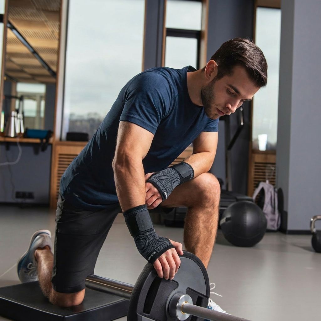 Uomo in palestra con tutore per polso. Tutore nero. Attività sportiva.