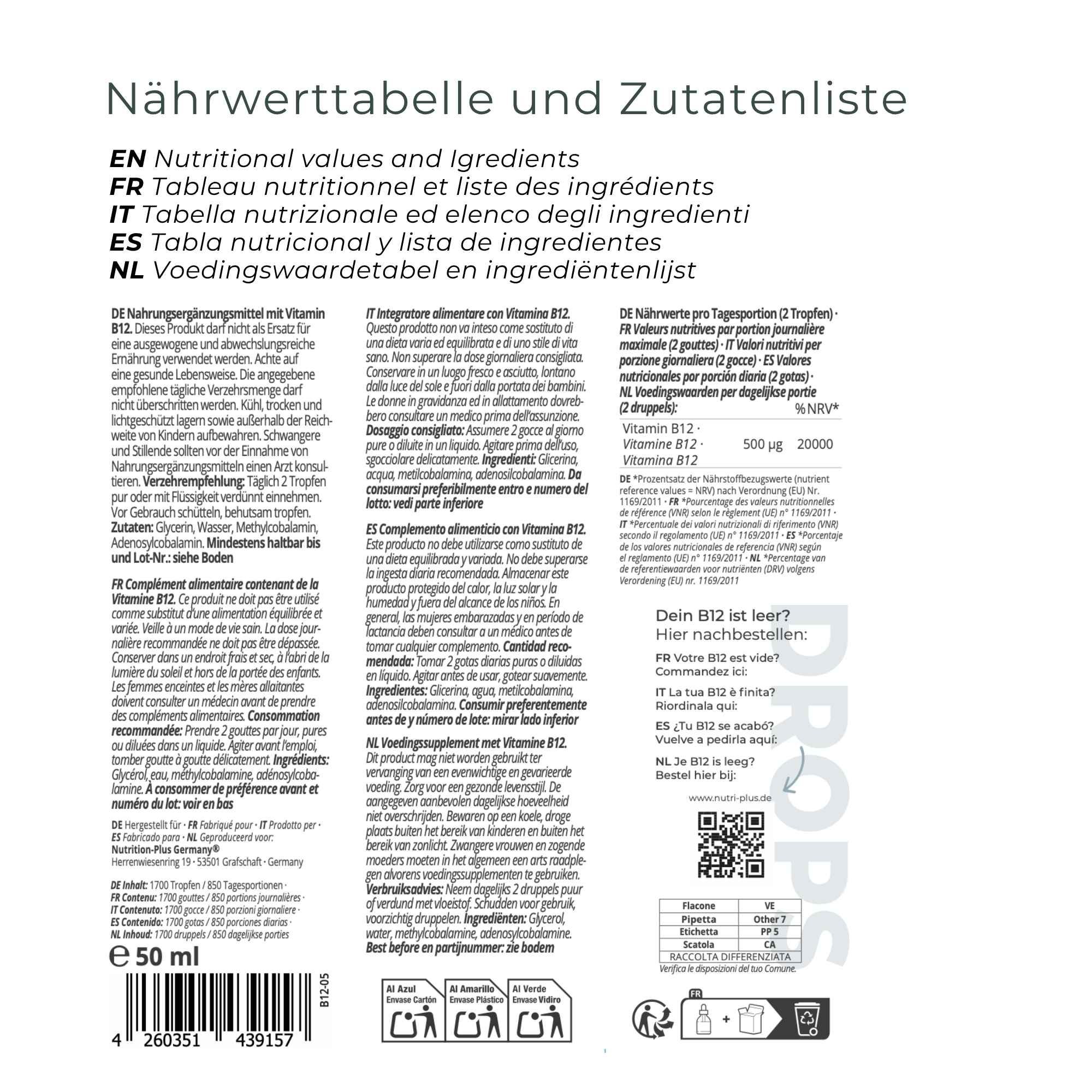 Gocce di Vitamina B12 Nutri+: tabella nutrizionale e lista ingredienti.