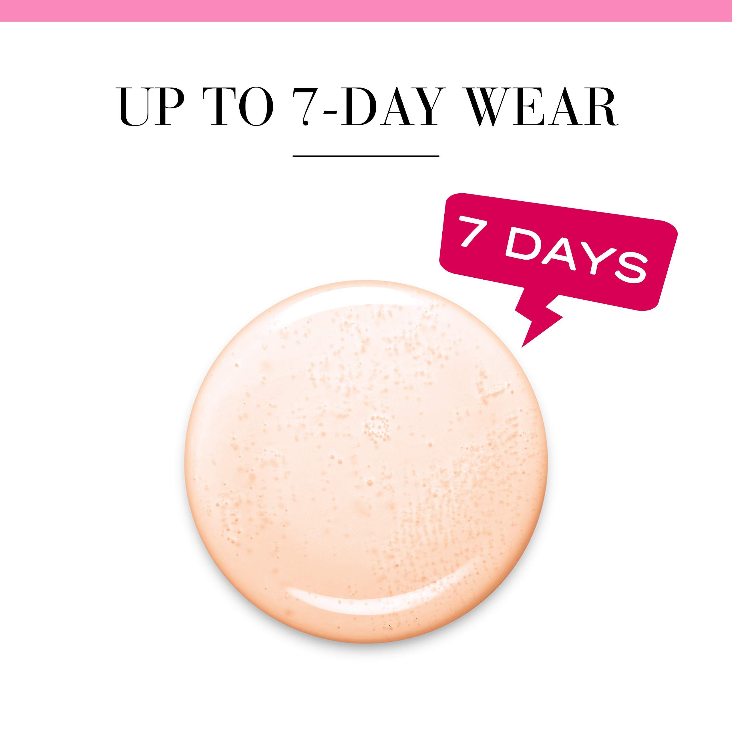 Macchia rotonda di smalto rosa chiaro. Testo: 'Up to 7-day wear' e '7 DAYS'.
