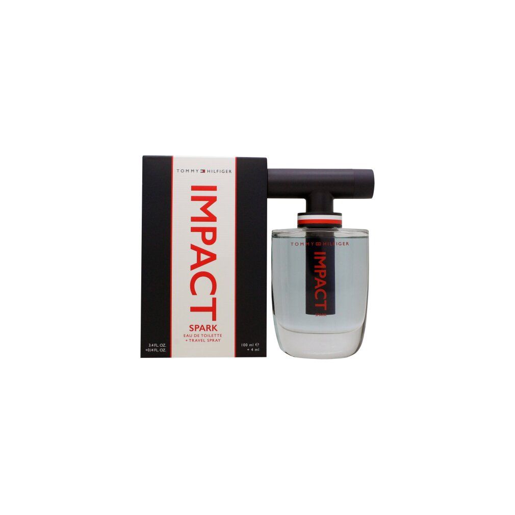 Tommy Hilfiger Impact Spark Eau de Toilette con confezione. Flacone con tappo nero, confezione con testo rosso.
