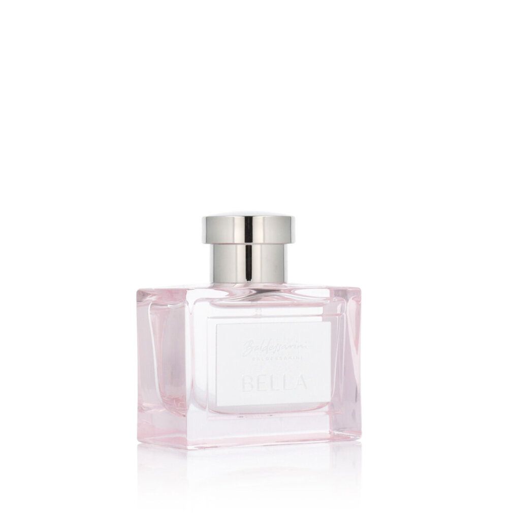 Flacone rosa con tappo argentato. L'etichetta riporta "Baldessarini BELLA".