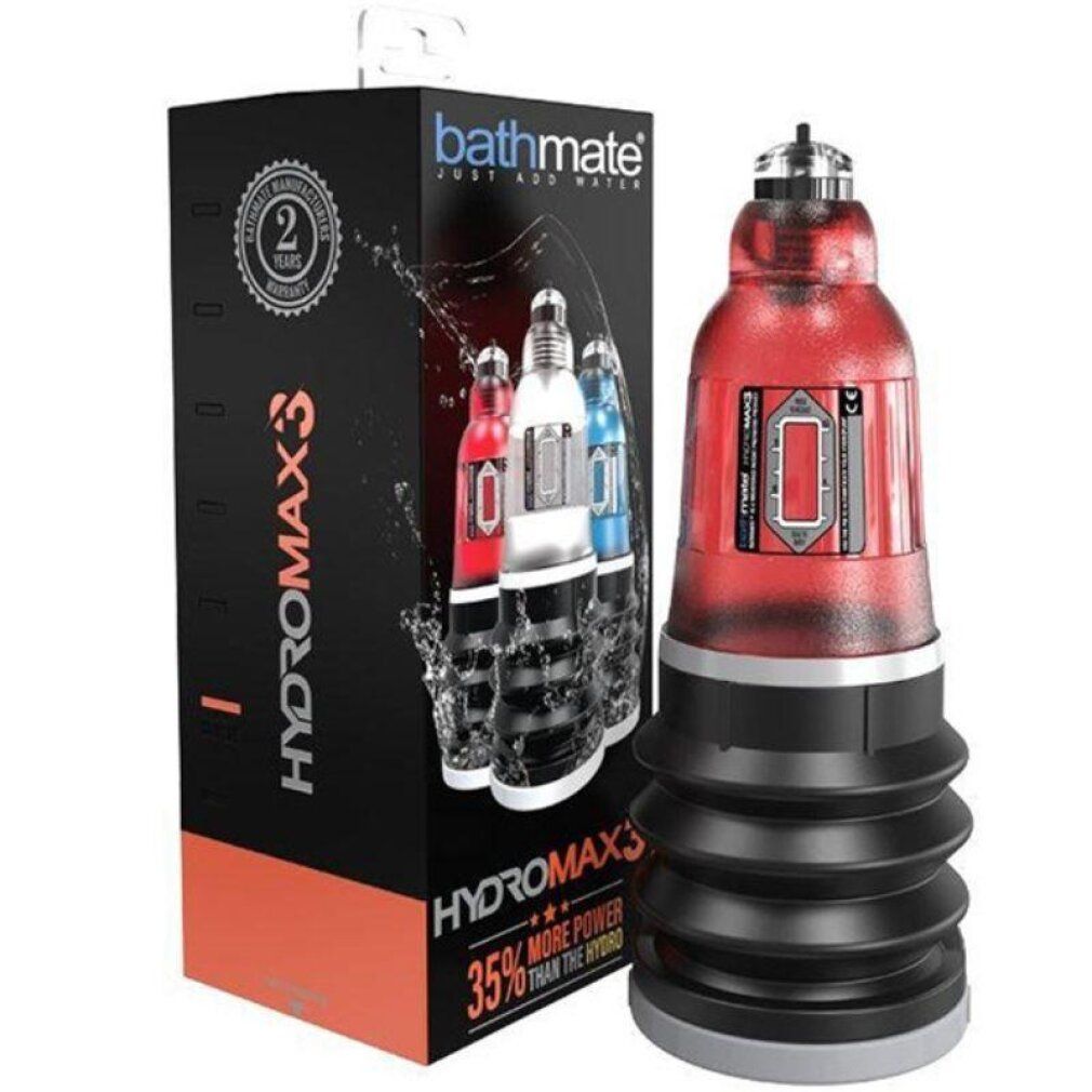 Pompa rossa Bathmate Hydromax3 e confezione. Mostra tre modelli.