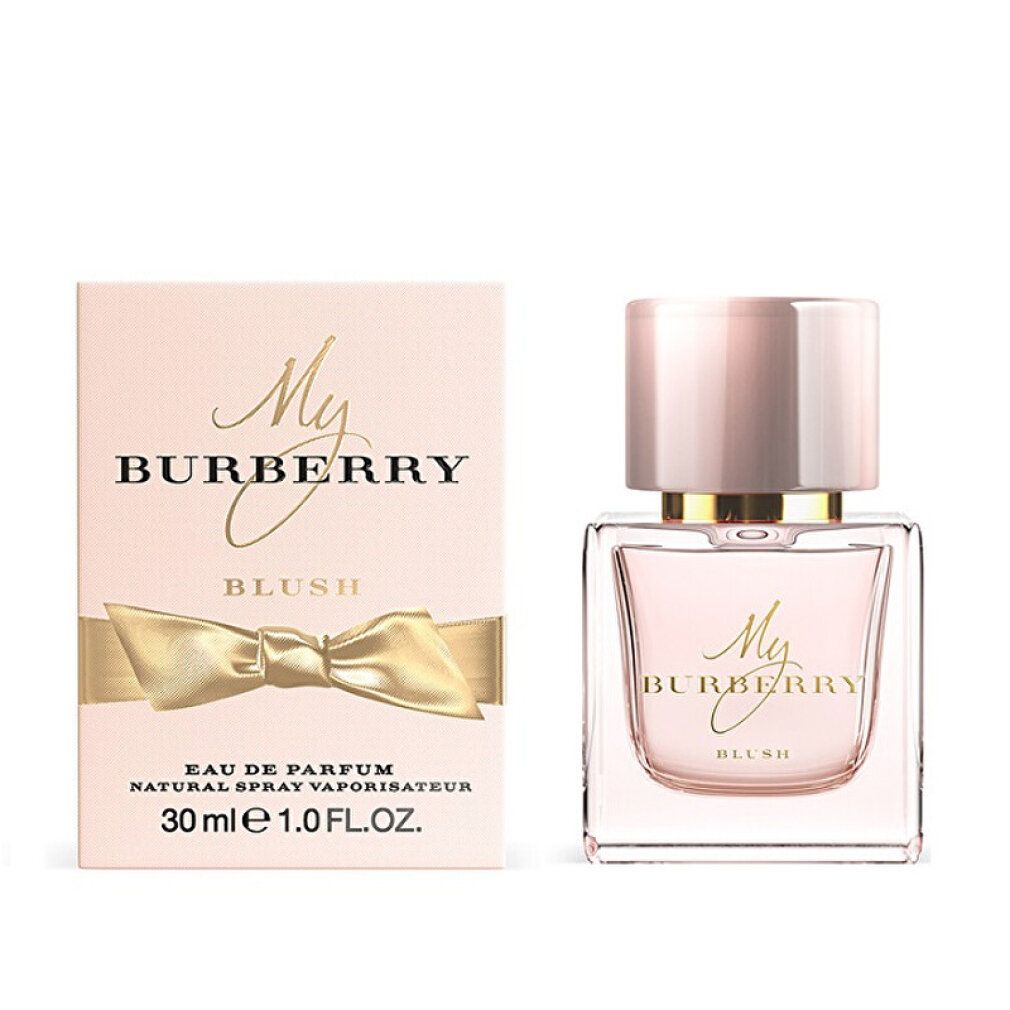 Flacone rosa con fiocco e scatola. Scritta: My Burberry Blush. 30 ml.