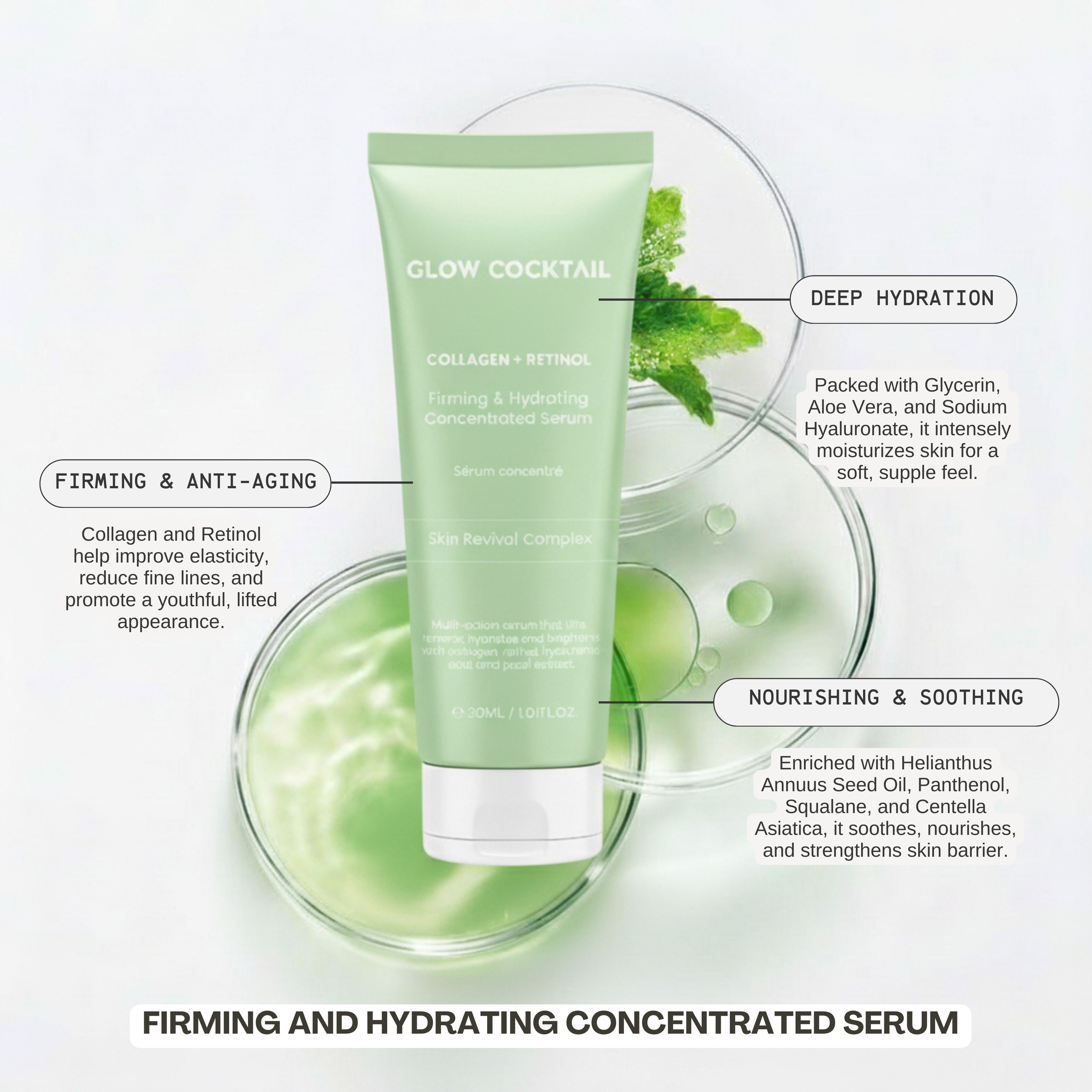 Siero Glow Cocktail con indicazioni su rassodamento, idratazione e complessi per la cura della pelle.