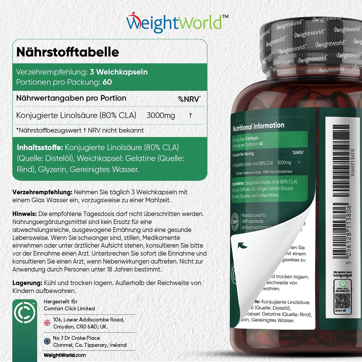 Retro di una bottiglia con informazioni nutrizionali. Contiene 3000mg di acido linoleico coniugato. Contiene olio di cartamo, gelatina, glicerina, acqua purificata.