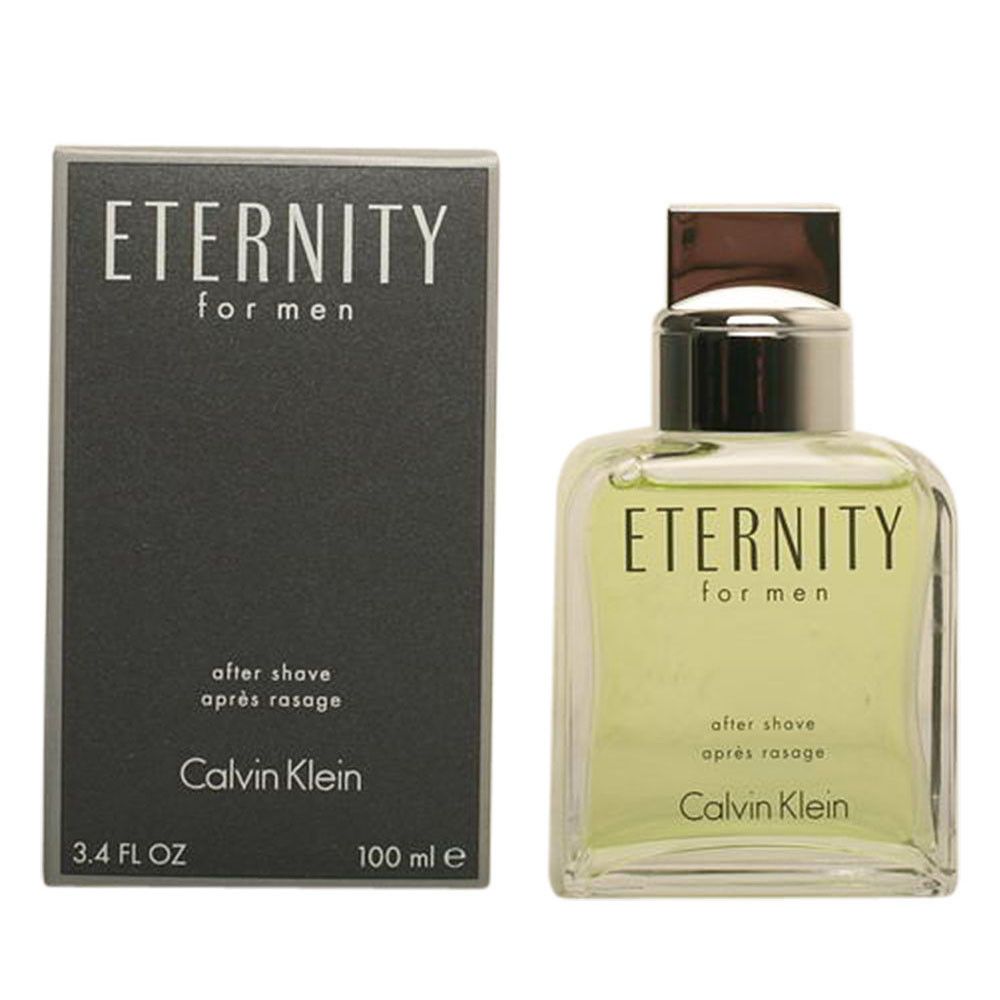 Dopo barba. Flacone e confezione. Flacone con scritta: ETERNITY FOR MEN, CALVIN KLEIN. Confezione con la stessa scritta.
