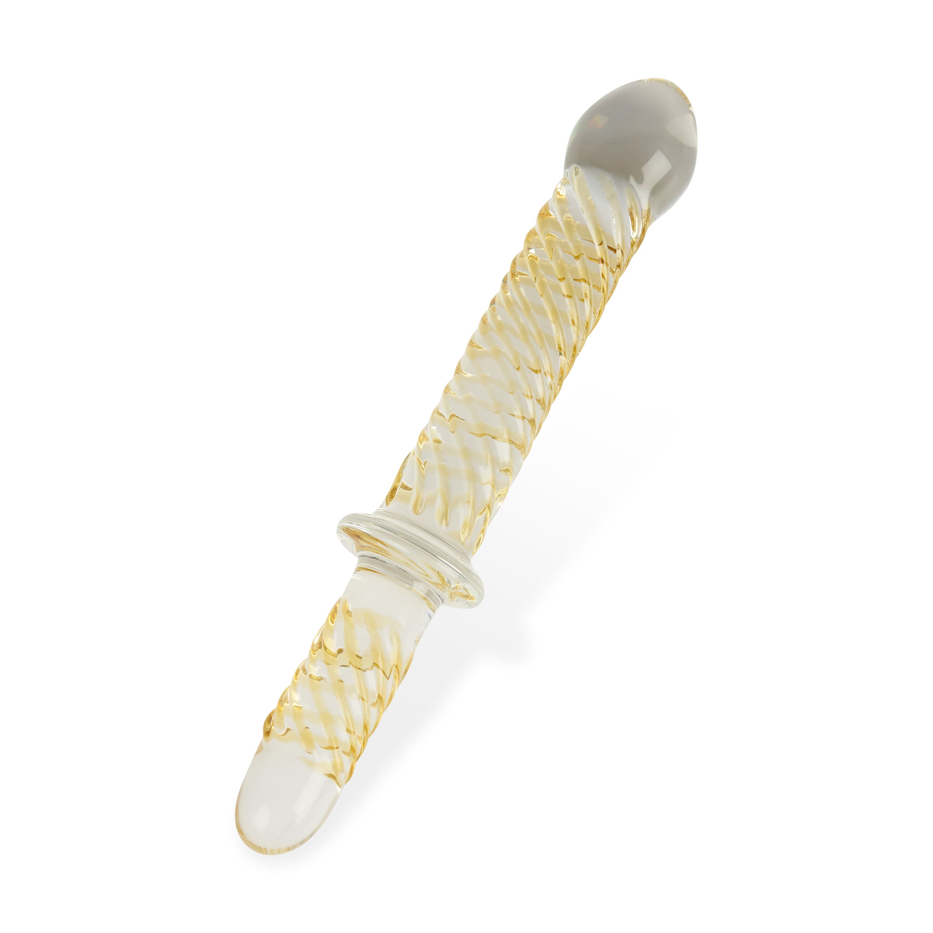 Stimolatore in vetro, superficie scanalata, estremità arrotondate. Design giallo-bianco con anello centrale.