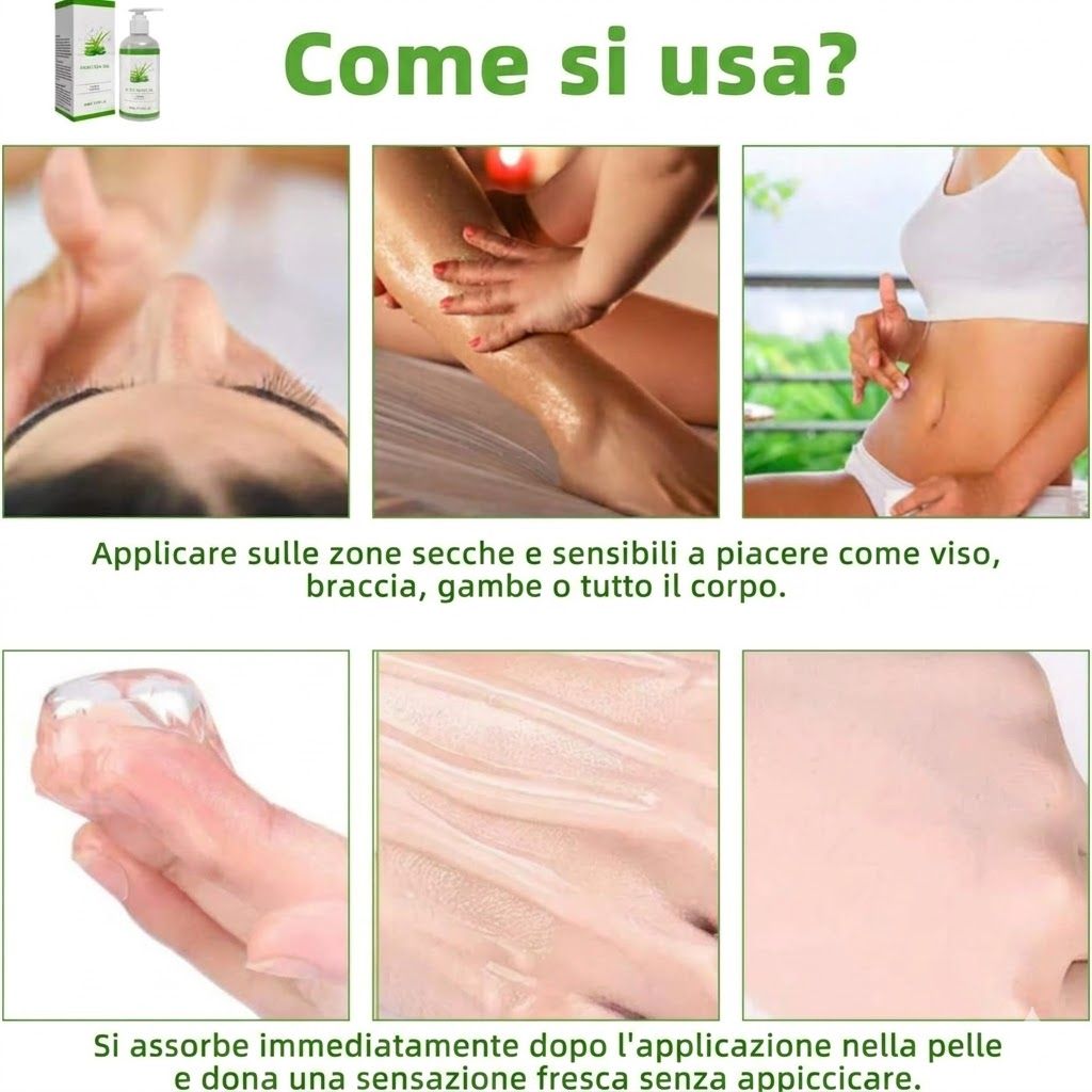 Diverse immagini mostrano l'applicazione del gel di aloe vera. Testo: Come si usa? Applicare su viso, braccia, gambe.