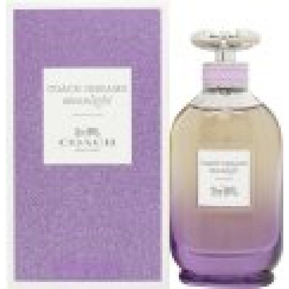 Coach Dreams Moonlight Eau de Parfum Spray. Flacone e confezione. Sfumatura viola, tappo argentato. Logo su etichetta e scatola.