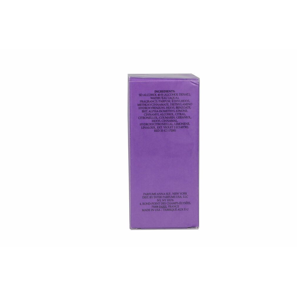 Confezione viola di Anna Sui Eau de Toilette Spray. Testo con ingredienti e informazioni sul produttore.