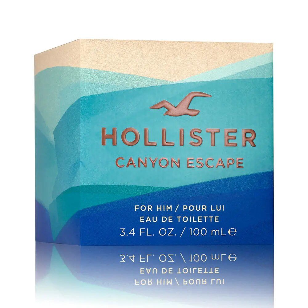 Scatola Hollister Canyon Escape Eau de Toilette. Sfumatura blu e beige, logo e nome del prodotto.