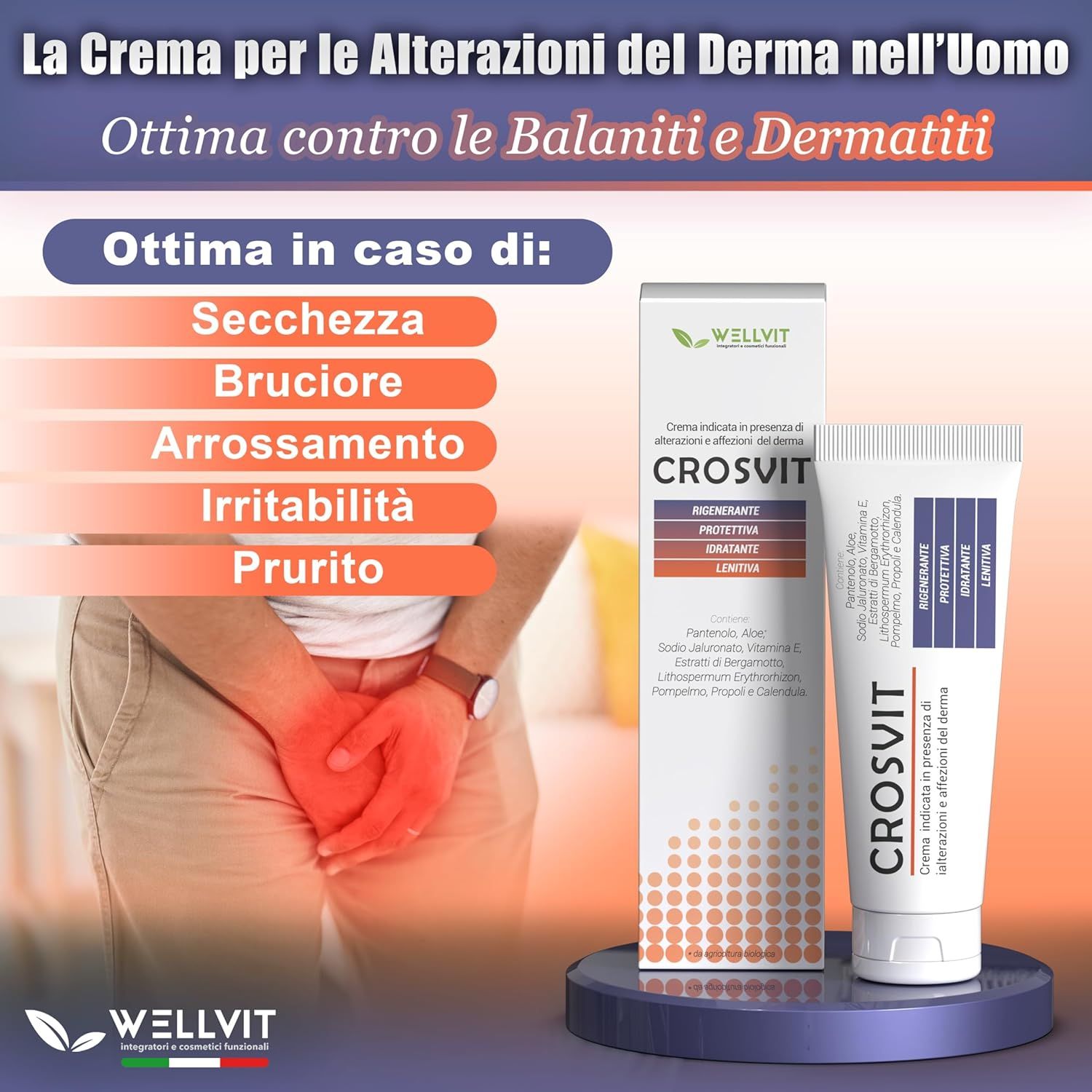 Wellvit | Crosvit, Crema Dermatologica per per Bruciori, Pruriti e Irritazioni