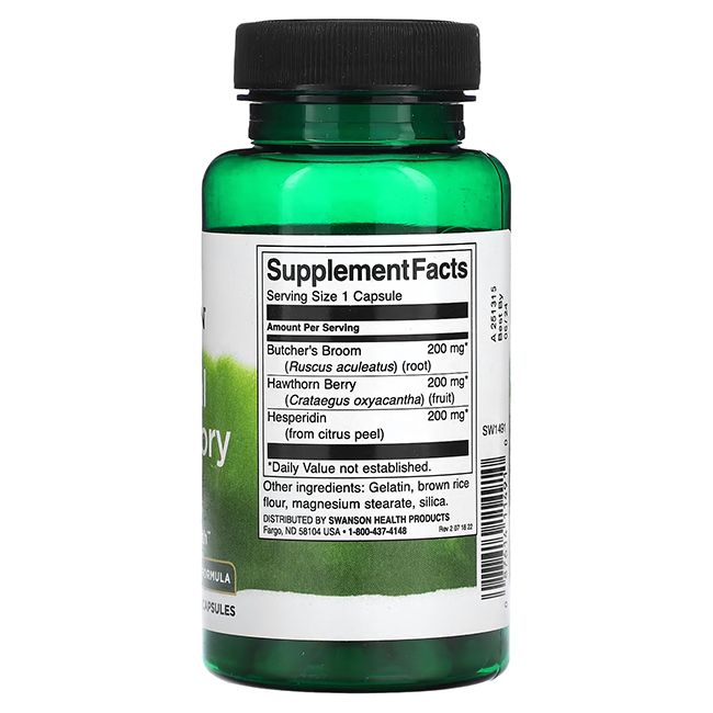 Retro di un flacone verde con tappo nero. Etichetta con informazioni nutrizionali. Ingredienti: esperidina, biancospino, ecc.
