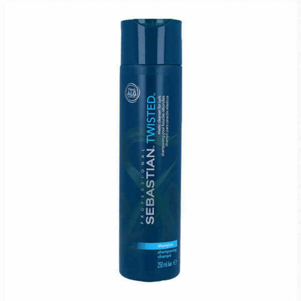 Flacone blu di shampoo. Scritta: Sebastian. Twisted. Shampoo per capelli ricci. 250 ml.