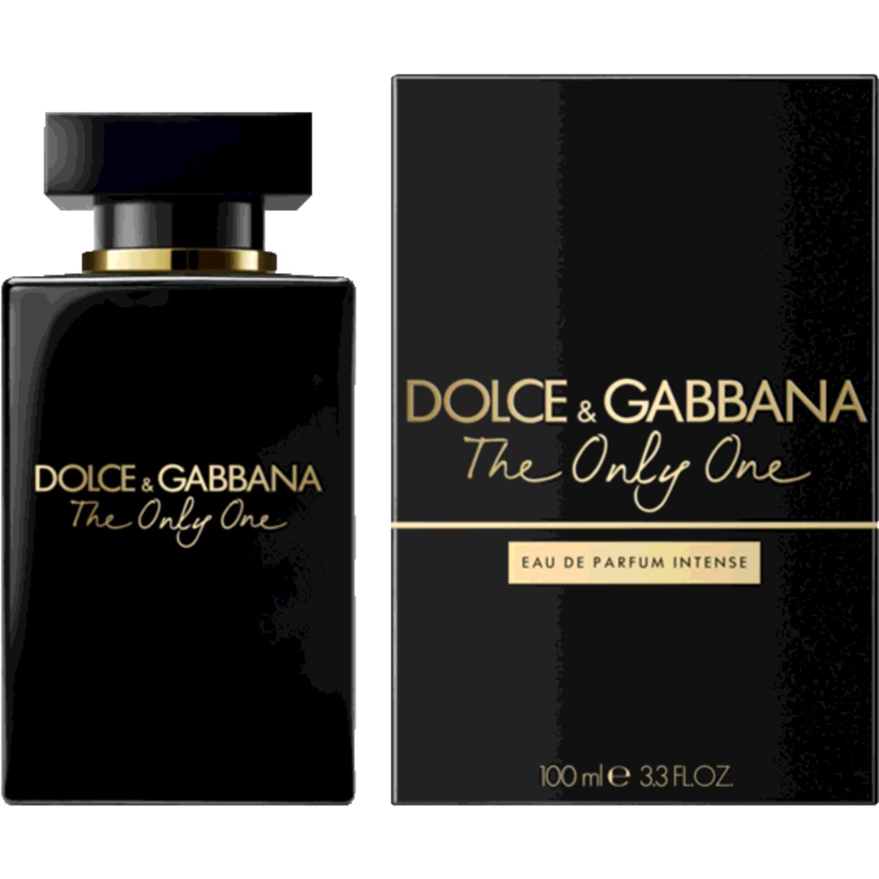 Flacone e scatola neri. Scritta: Dolce & Gabbana, The Only One. Eau de Parfum Intense. 100 ml.