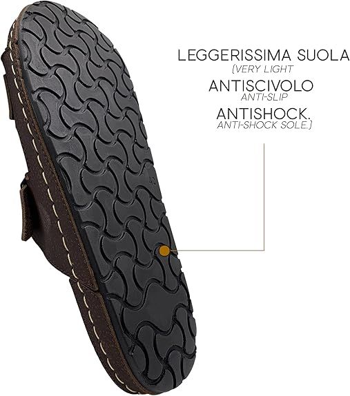 Primo piano della suola di un sandalo marrone. Testo: Suola molto leggera, antiscivolo, anti-shock.