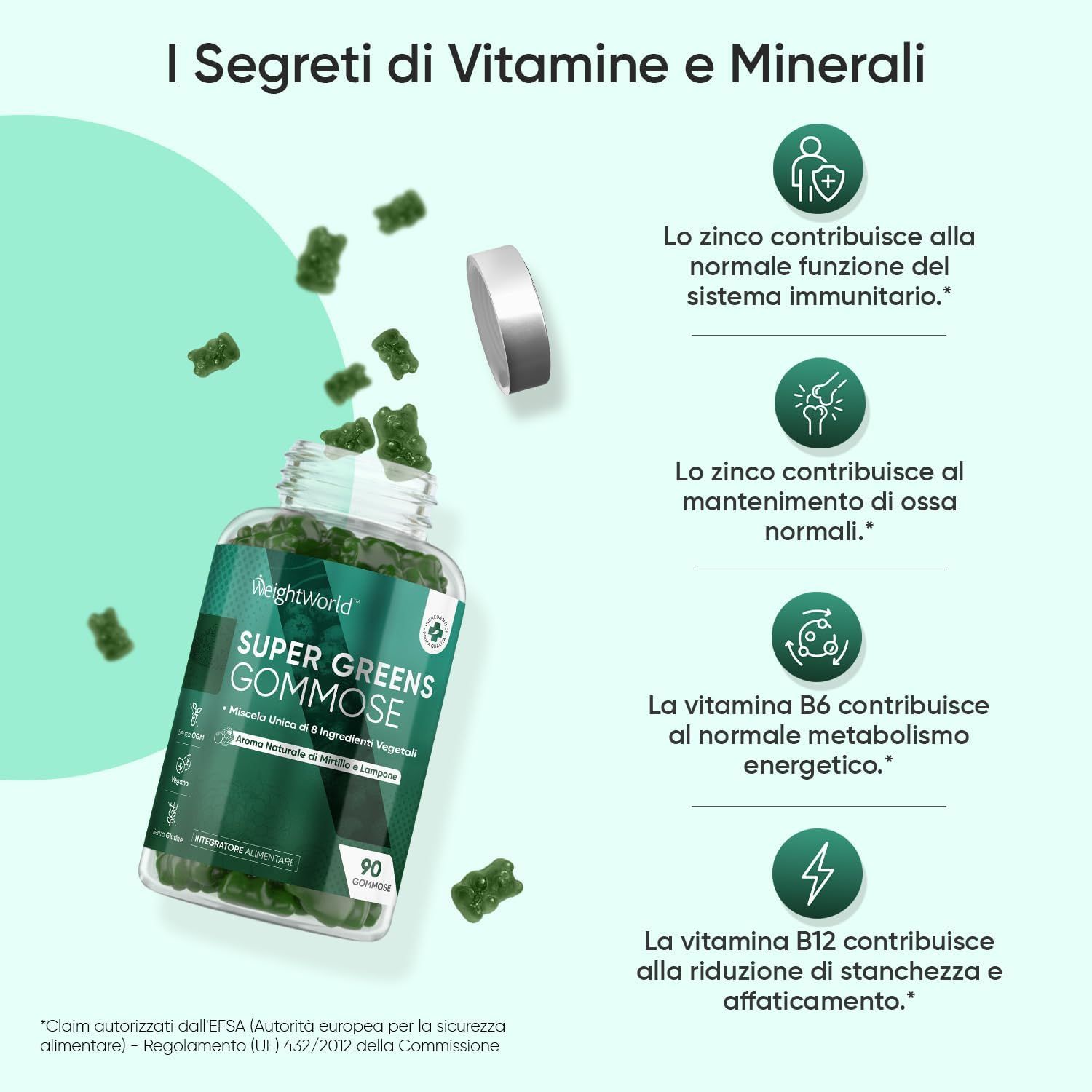 Flacone di WeightWorld Super Greens Gommose, 90 unità. Con bacche ed erbe. Su sfondo verde.
