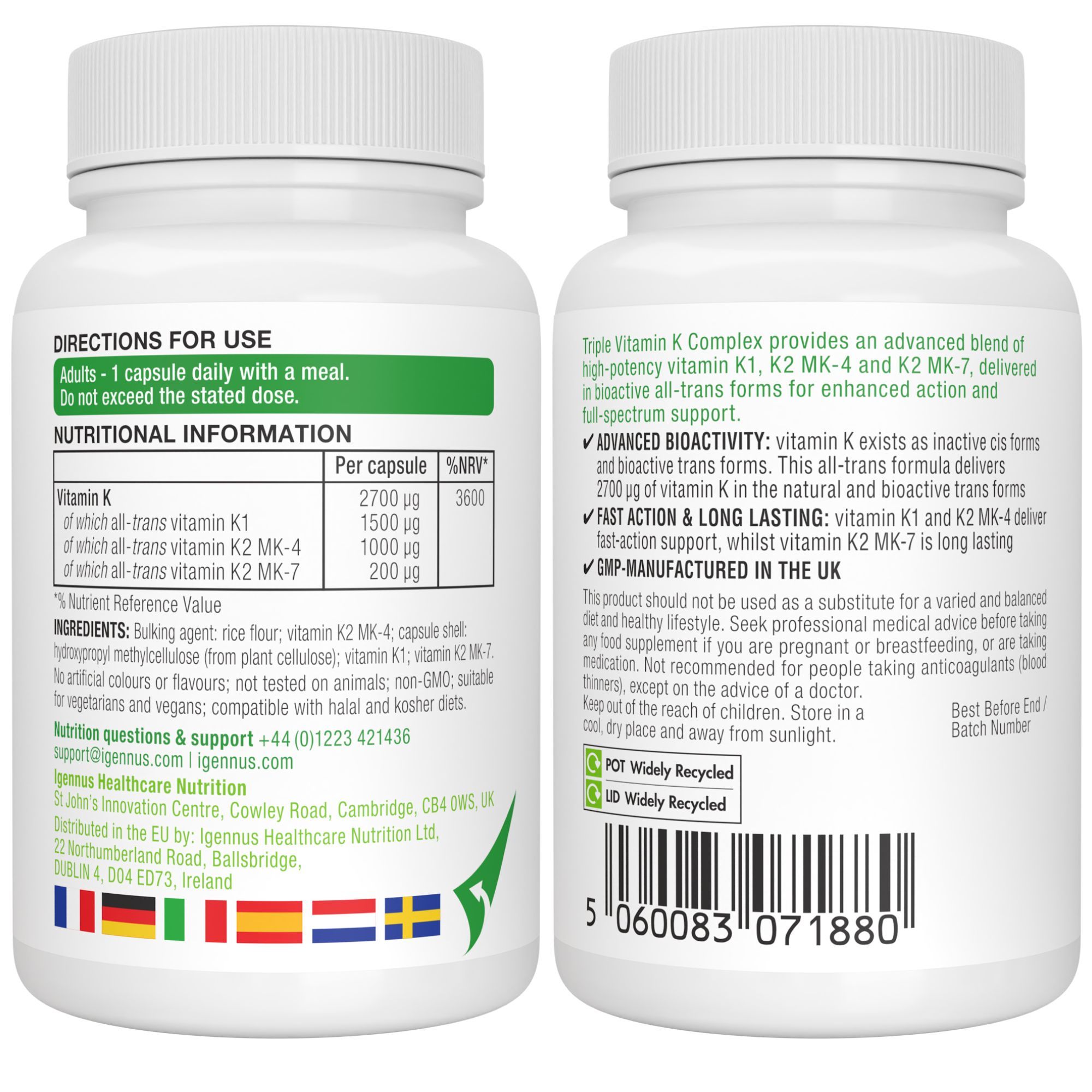 Retro e fronte dell'etichetta del flacone Igennus Triple Vitamin K Complex.