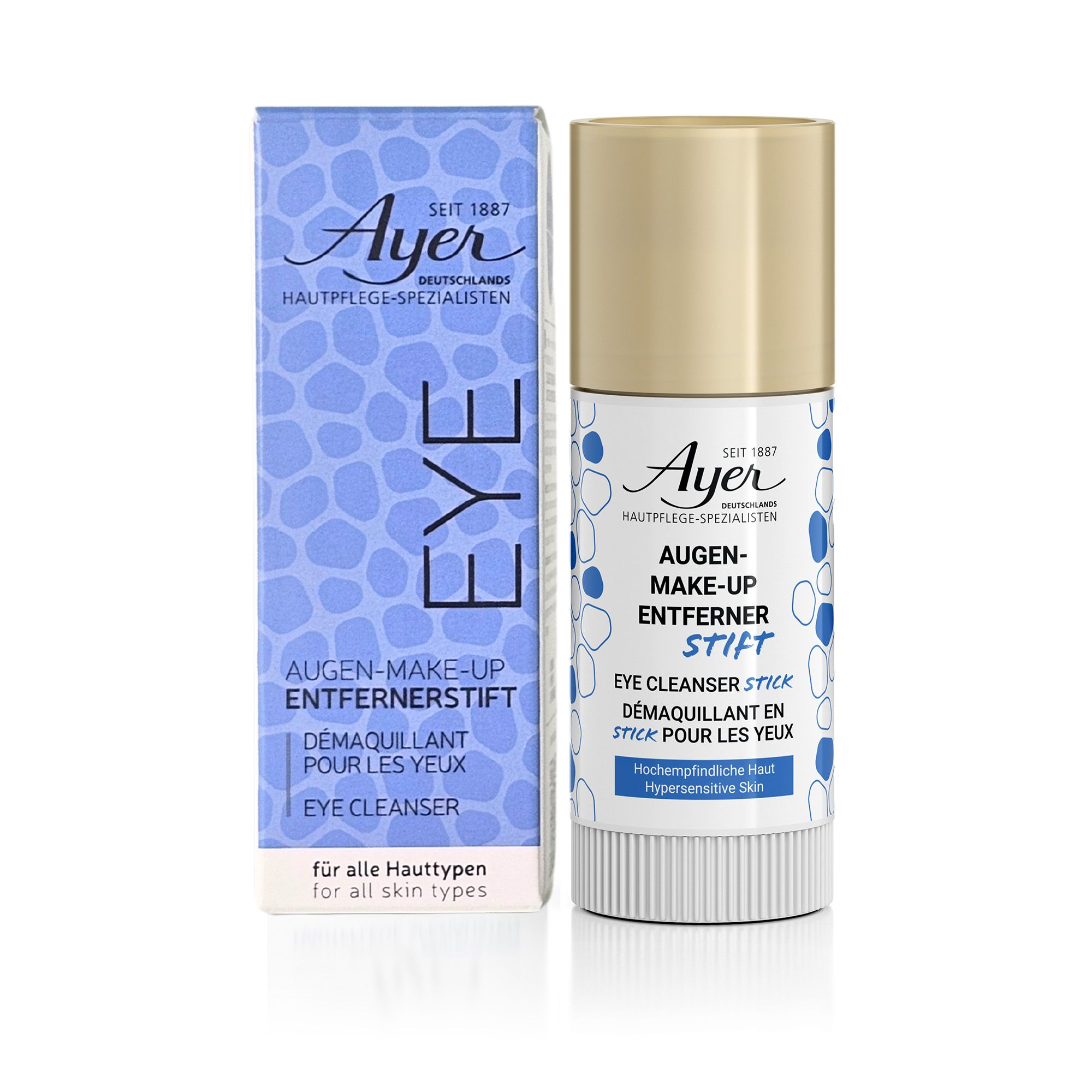 Ayer Eye Cleanser Stick e confezione. Stick bianco con tappo dorato. Confezione blu con scritta: Augen-Make-up Entferner Stift.