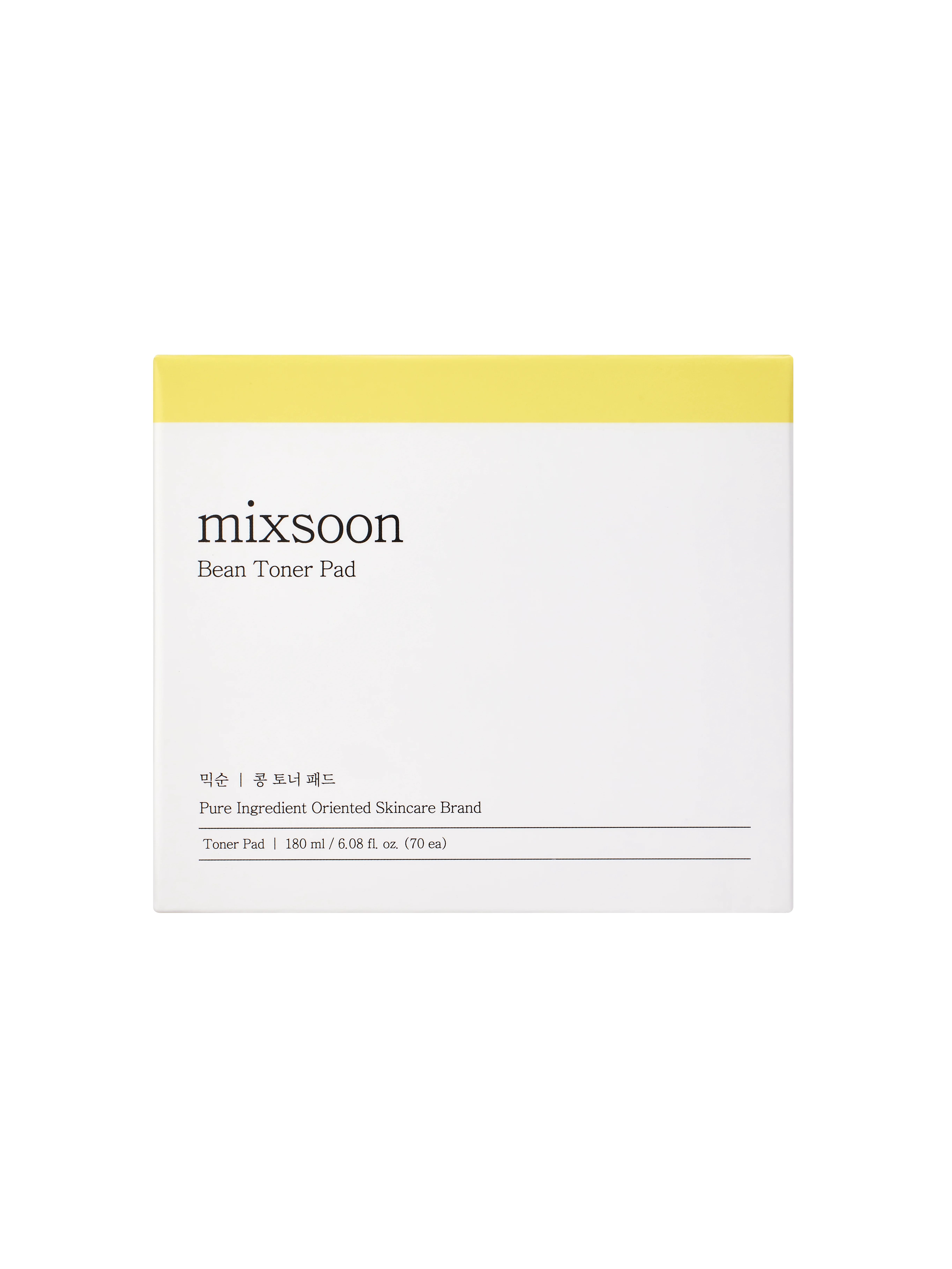 Confezione "mixsoon Bean Toner Pad". Bianca con coperchio giallo. Nome e dettagli del prodotto visibili.