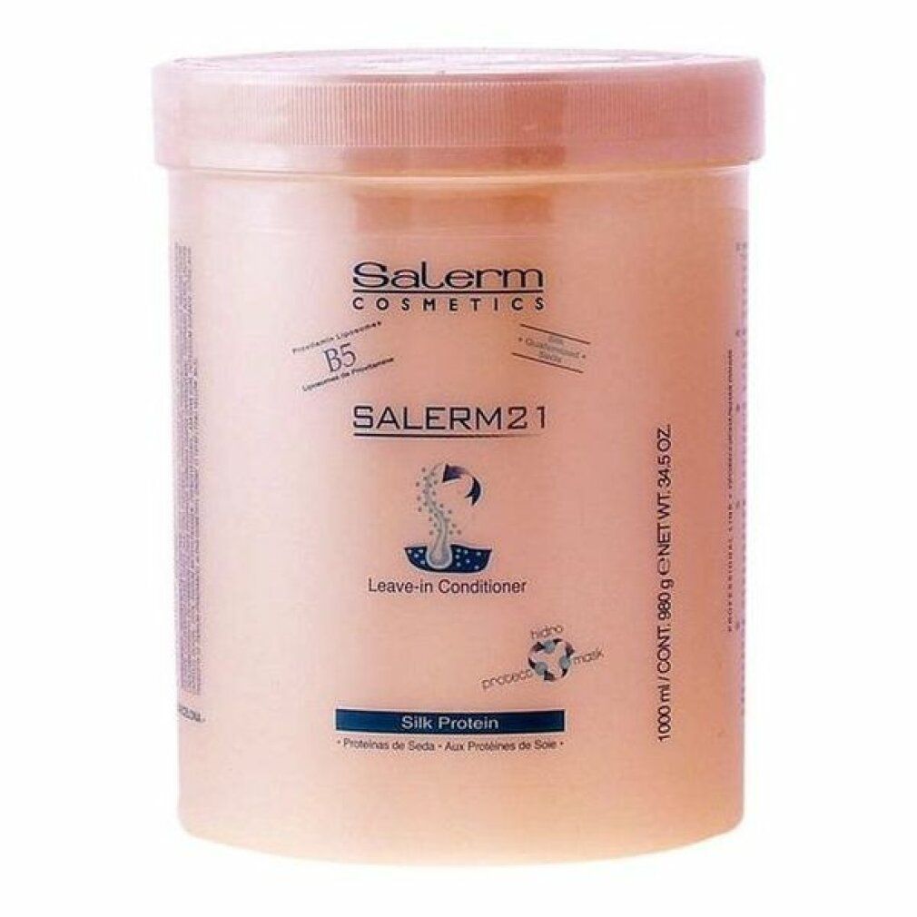 Contenitore con coperchio. Scritte: Salerm Cosmetics, SALERM21, Leave-in Conditioner, Silk Protein. 1000 ml.