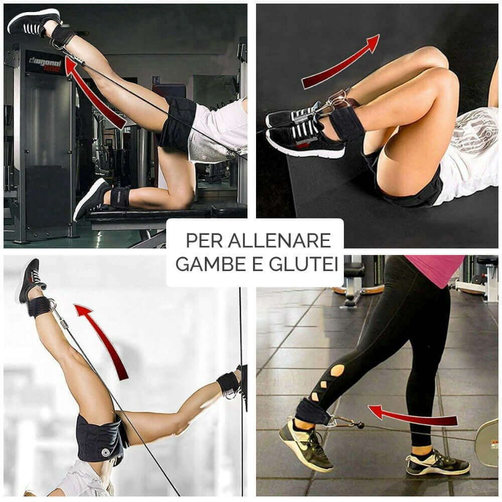 Vari esercizi con fasce per caviglia. Frecce indicano le direzioni del movimento. Testo: PER ALLENARE GAMBE E GLUTEI.
