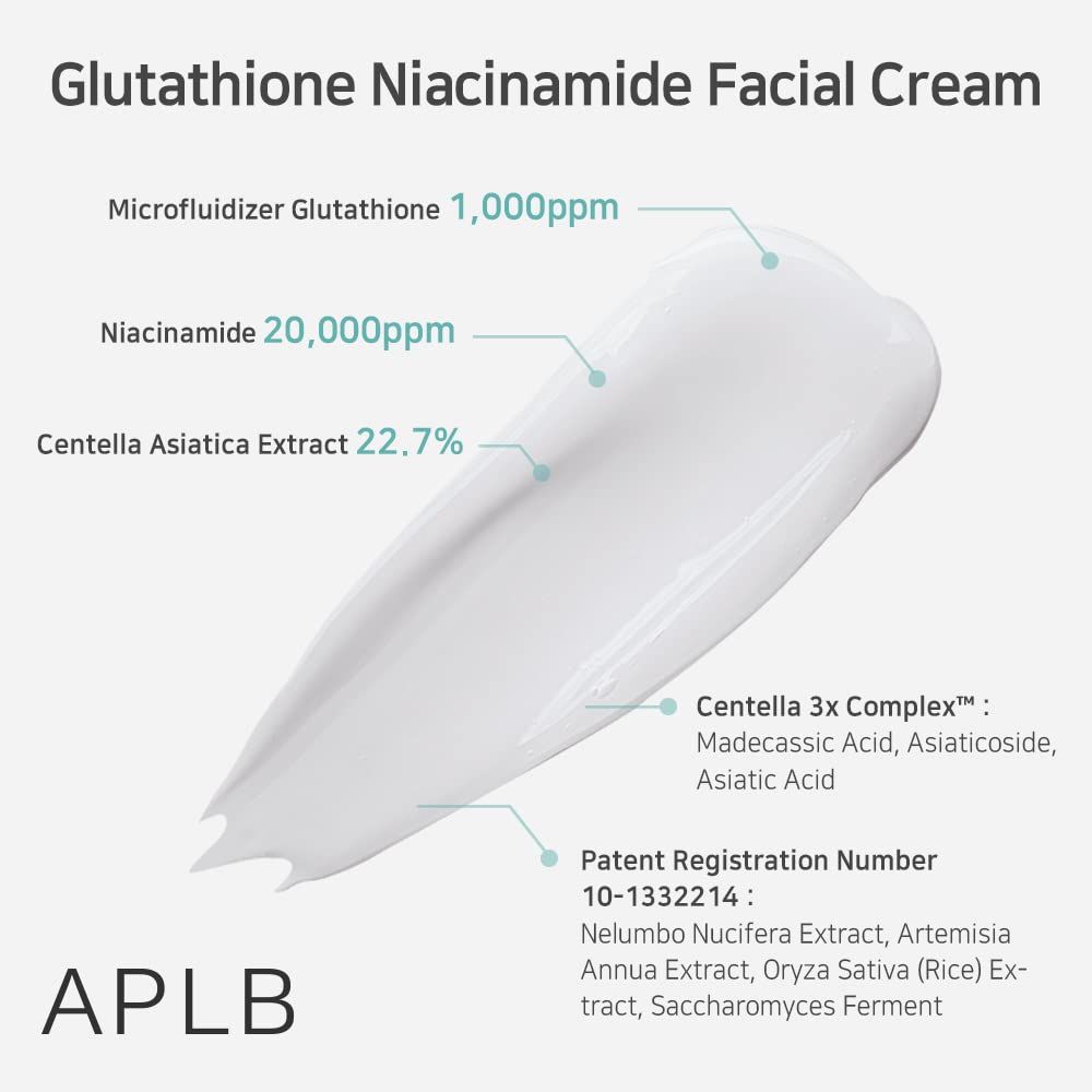 Campione di crema con indicazioni per glutatione, niacinamide ed estratto di Centella Asiatica.