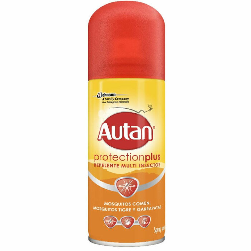 Spray Autan Protection Plus. Barattolo giallo con coperchio rosso. Contiene testo e logo.